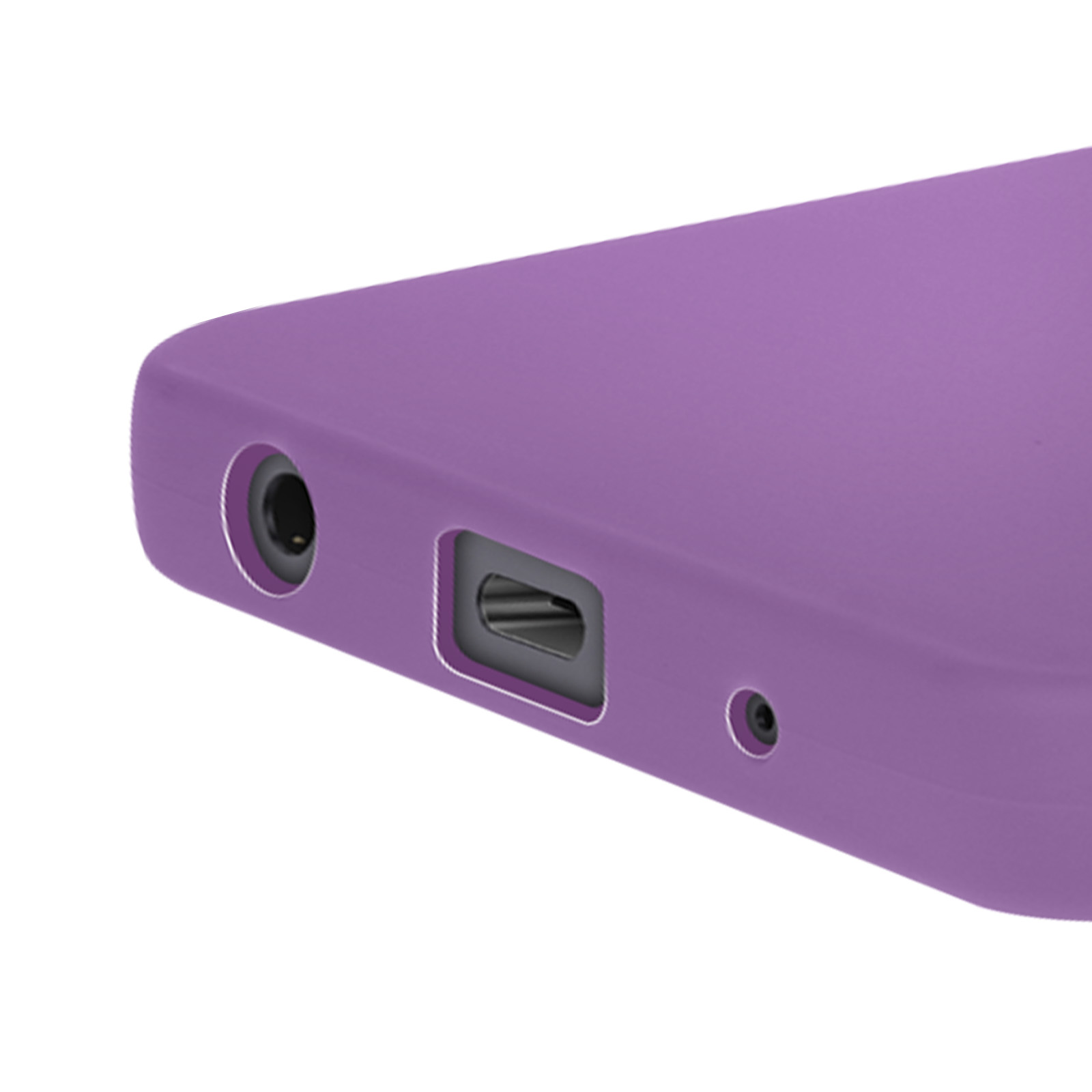 Close-up van de zijkant van een paarse telefoon, met een oplaadpoort en een koptelefoonaansluiting.