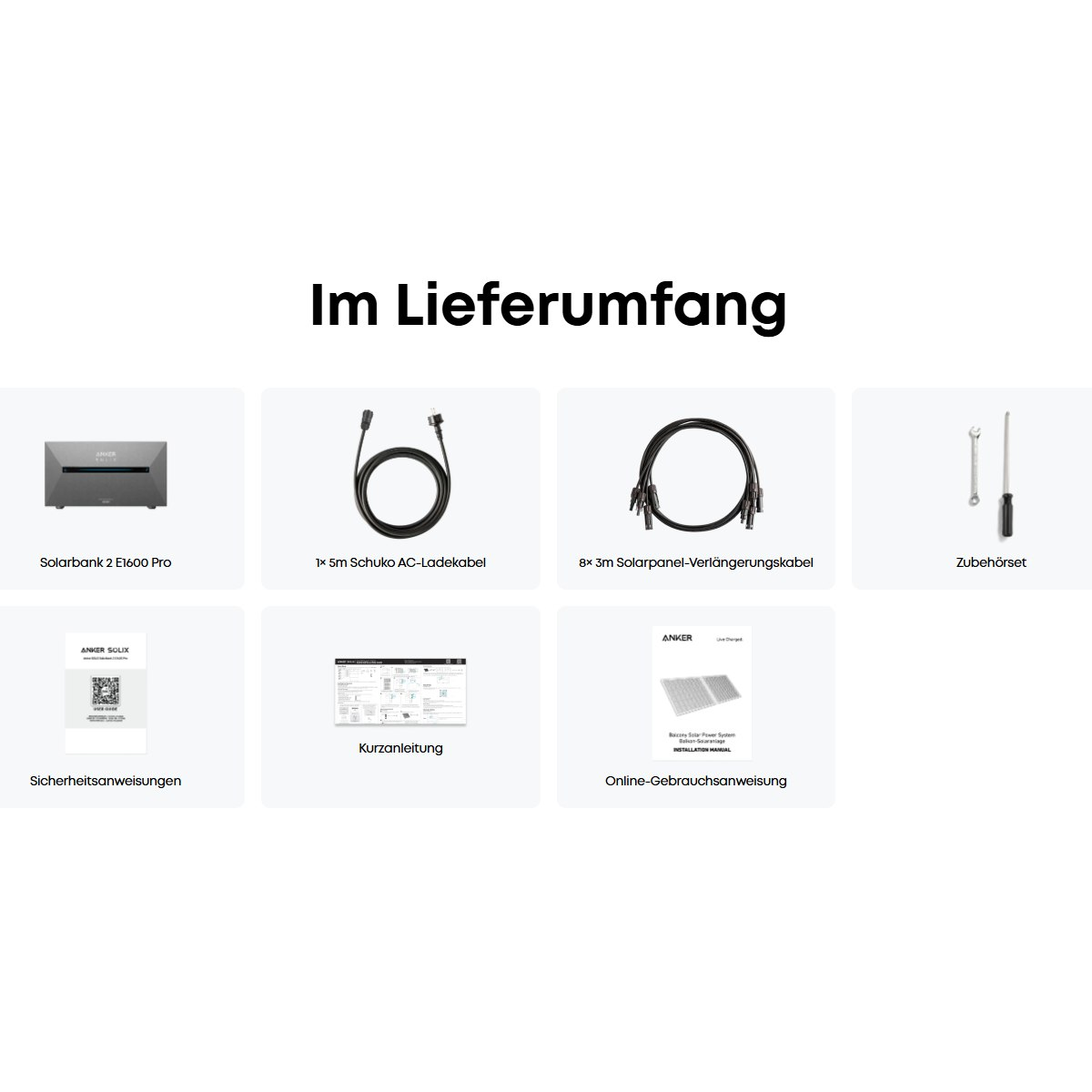 Verschiedene Anker Solarmodulkomponenten. Enthält ein Solarmodul, Kabel und Benutzerhandbücher.