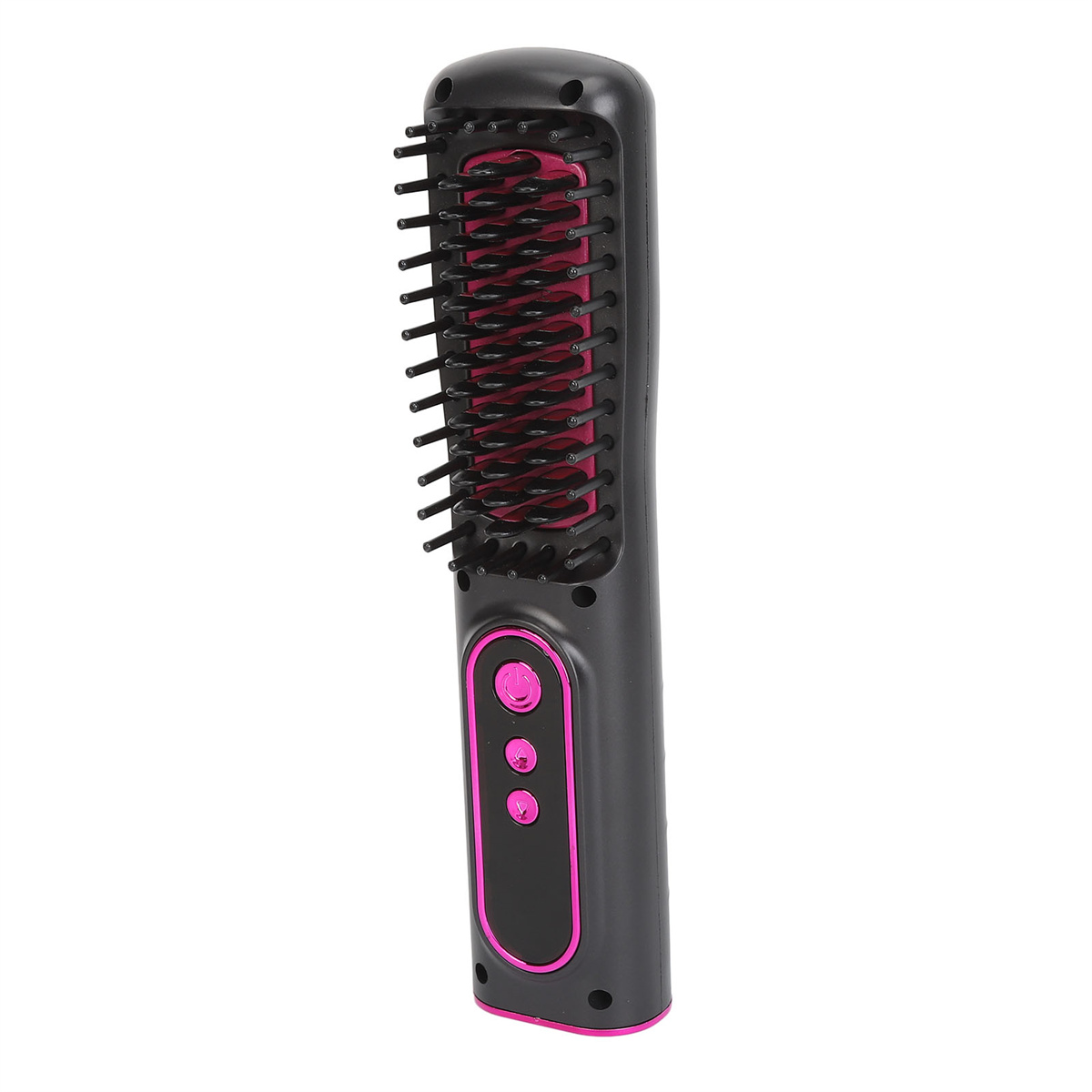 Schwarze und rosa Haarglättungsbürste. Sie hat schwarze Borsten und rosa Knöpfe.