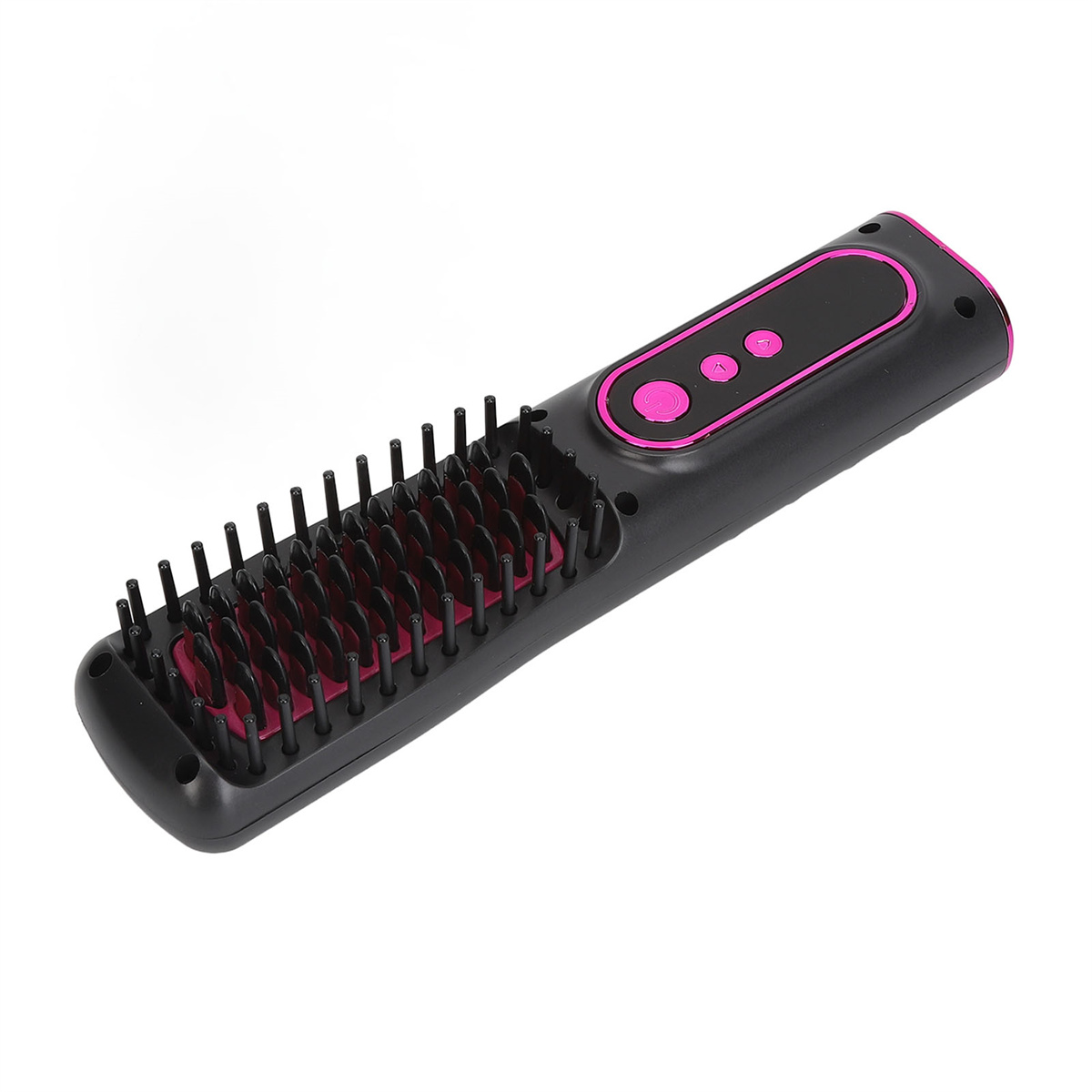 Schwarze und rosa Haarglättungsbürste. Die Bürste hat viele schwarze Borsten und rosa Akzente.