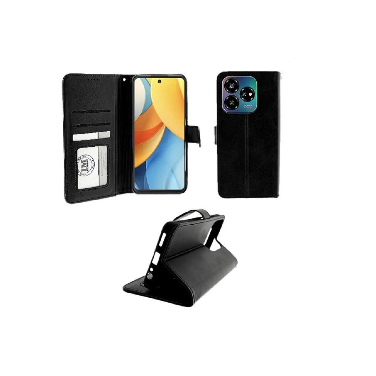 Schwarze Handyhülle, geöffnet. Es hat ein Telefon im Inneren und eine Karte, mit Magnetverschluss.