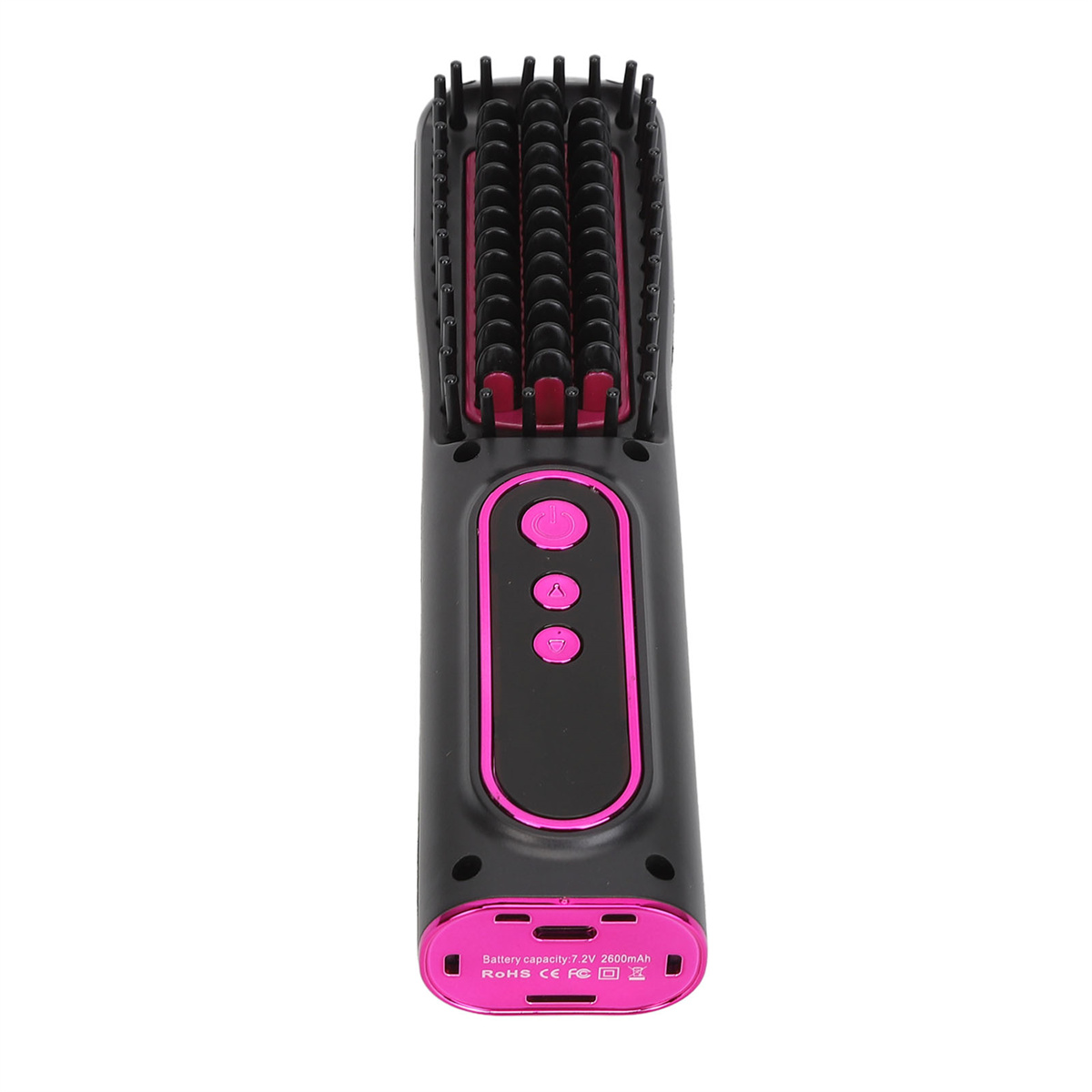 Schwarz-rosa Haarglätterbürste mit Knöpfen und einem Ladeanschluss auf weißem Hintergrund.