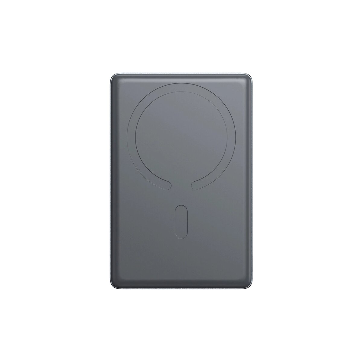 Eine graue Powerbank mit kreisförmigem Design und Ladeanschluss.