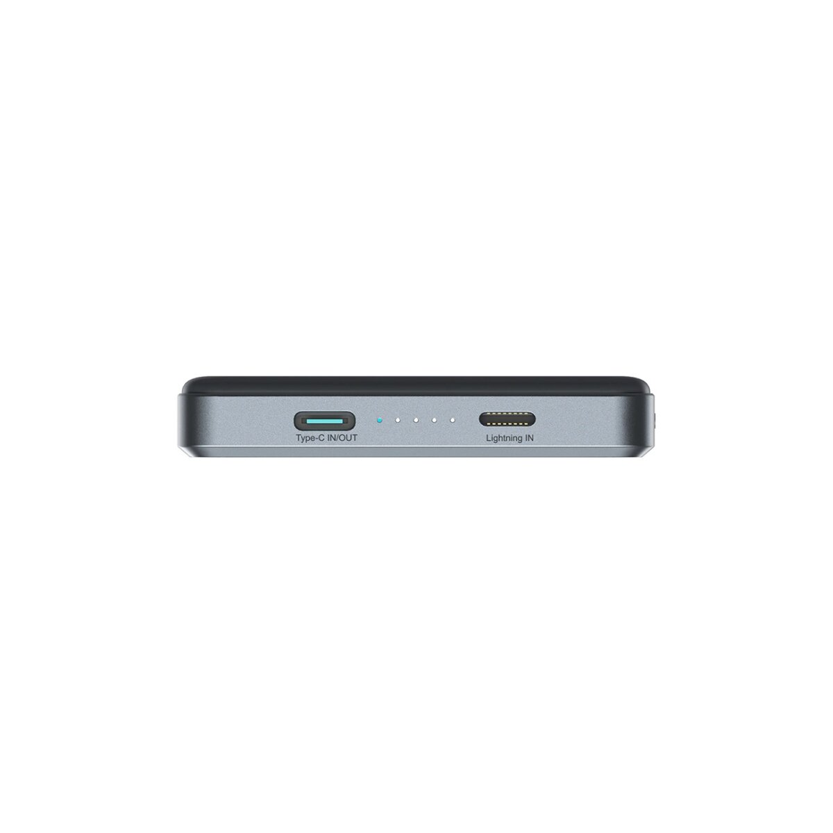 Nahaufnahme einer Powerbank mit Typ-C- und Lightning-Anschlüssen mit Kontrollleuchten.