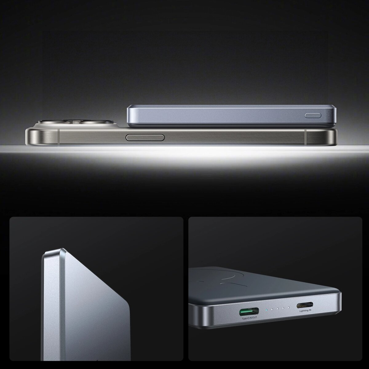 Ein Telefon und eine Powerbank nebeneinander, die das Design der Powerbank zeigen.