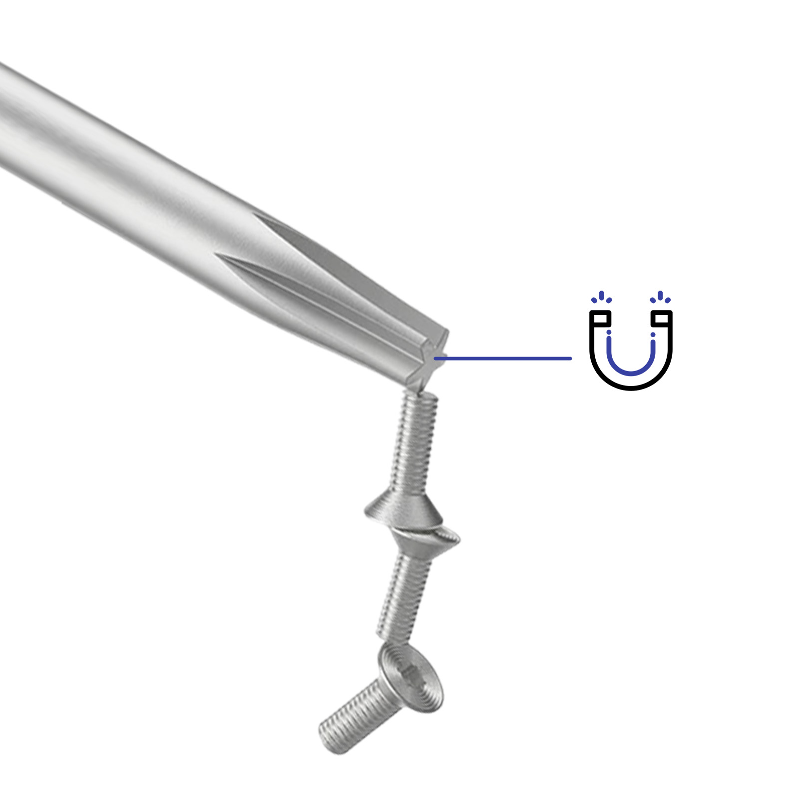 Cacciavite magnetizzato, solleva le viti. L'utensile è argentato e le viti sono dello stesso colore.