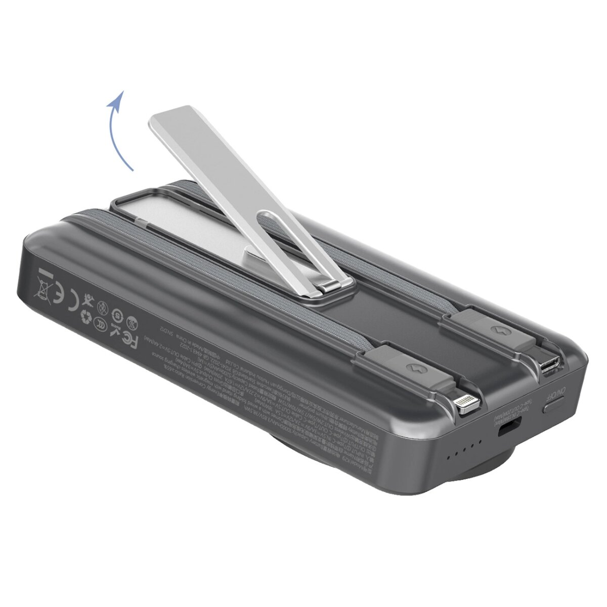 Ciemnoszary power bank ze srebrną podstawką na białej powierzchni. Strzałka wskazuje otwarcie.