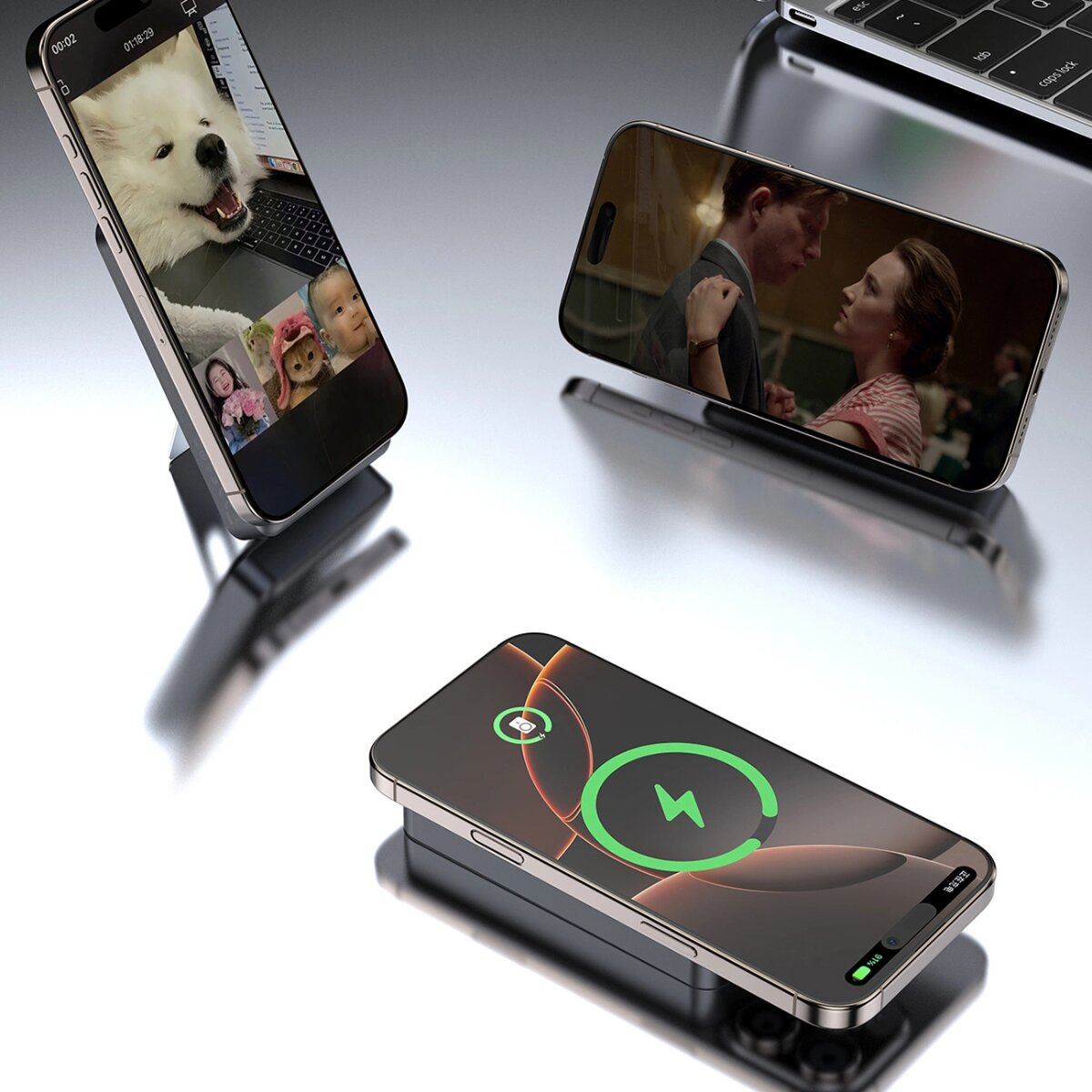 Trzy telefony z ekranami pokazującymi rozmowy wideo, filmy i ładowanie bezprzewodowe. Wszystko na odblaskowej powierzchni.