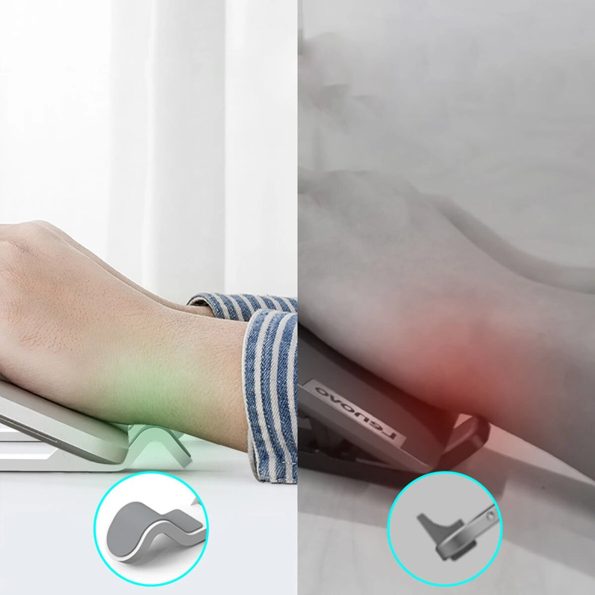 Pokazano podnóżek z zielonym obszarem wskazującym prawidłowe użycie i czerwonym obszarem wskazującym nieprawidłowe użycie.