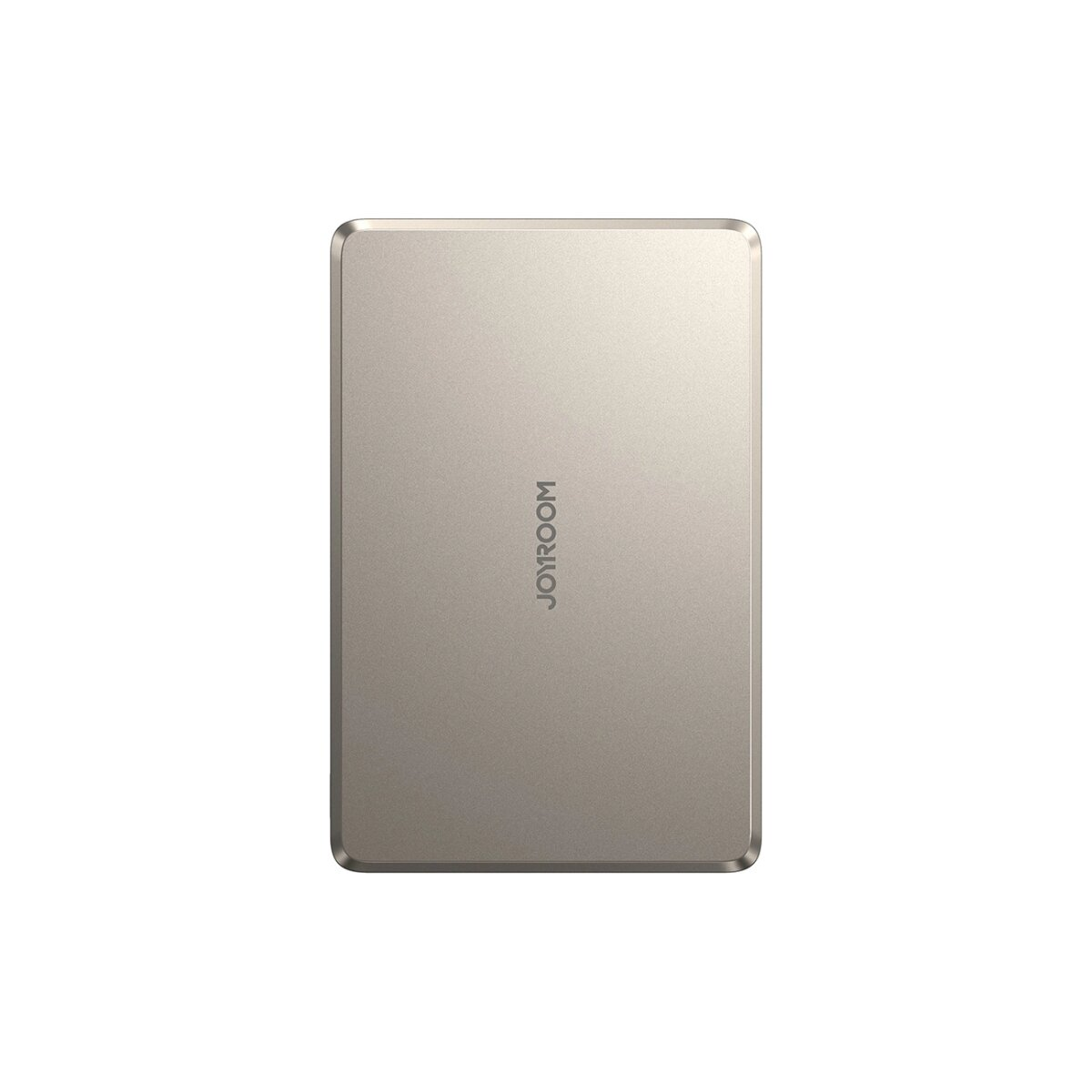 Eine silberne Joyroom Powerbank. Die Powerbank ist rechteckig und hat eine glatte, metallische Oberfläche.