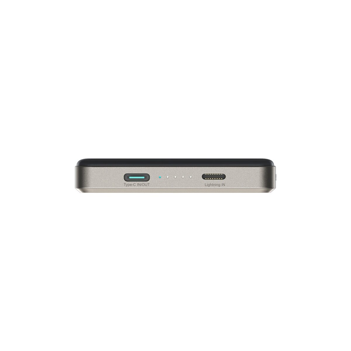 Eine Powerbank, die die Seite mit Typ-C- und Lightning-Anschlüssen zeigt. Der Markenname ist nicht sichtbar.