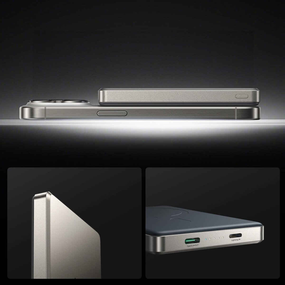 Ein Telefon liegt auf einer Powerbank. Insets zeigen Details des Designs und der Funktionen von Telefon und Powerbank.