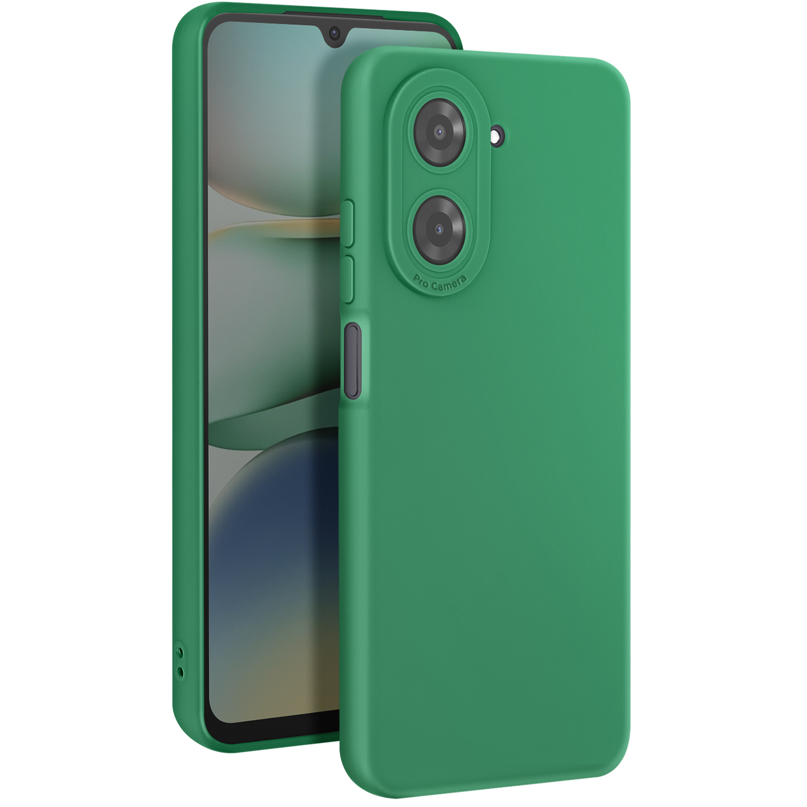 Custodia verde per telefono, con un telefono all'interno. La custodia ha ritagli per la fotocamera. Testo Pro Camera visibile.