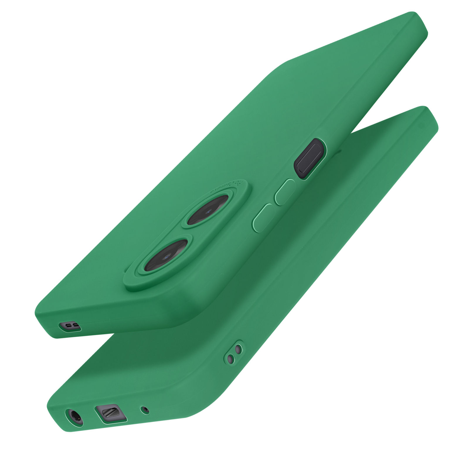 Due custodie verdi per telefono, una sopra l'altra. Ogni custodia ha ritagli per la fotocamera.