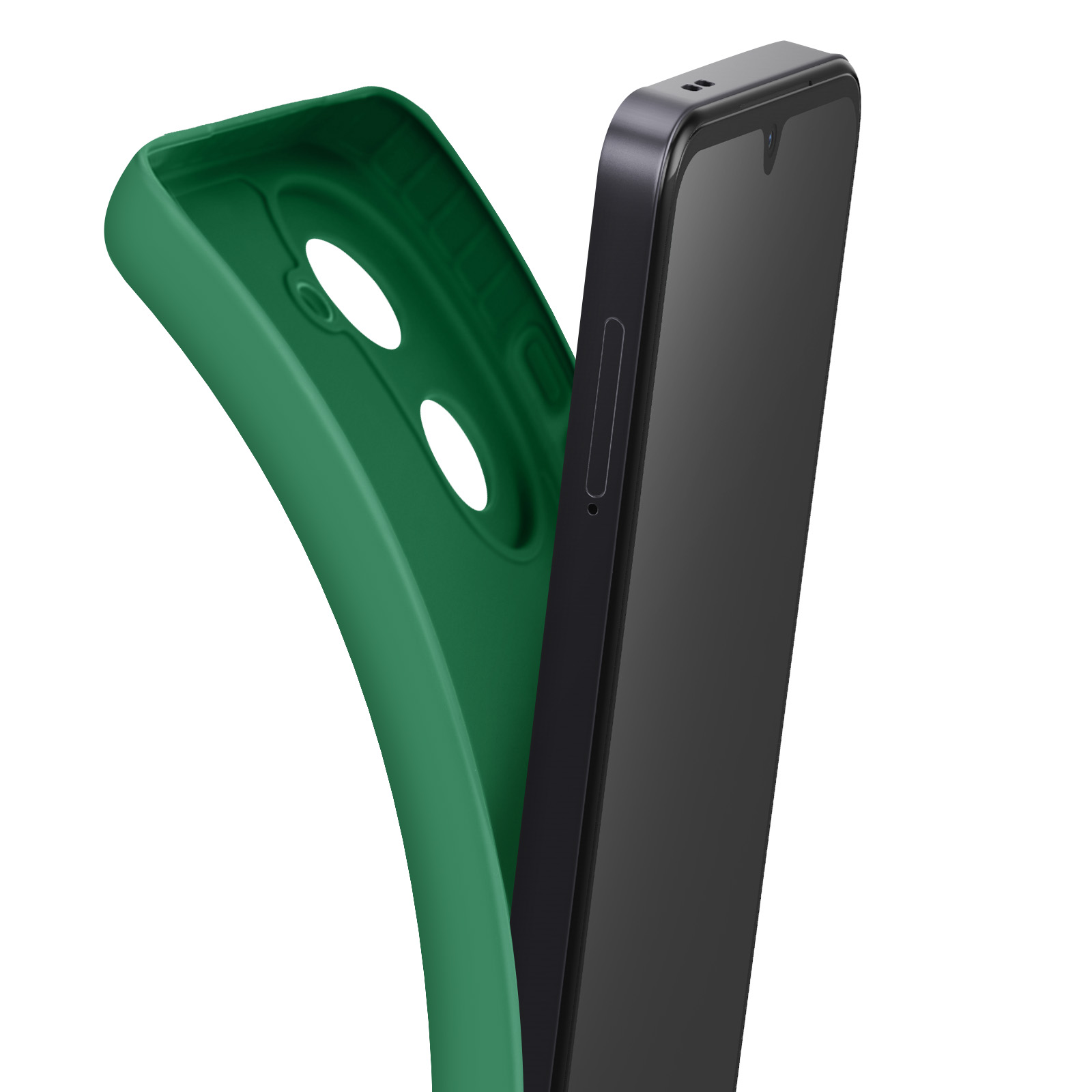 Una custodia verde per telefono accanto a uno smartphone nero. La custodia è aperta.