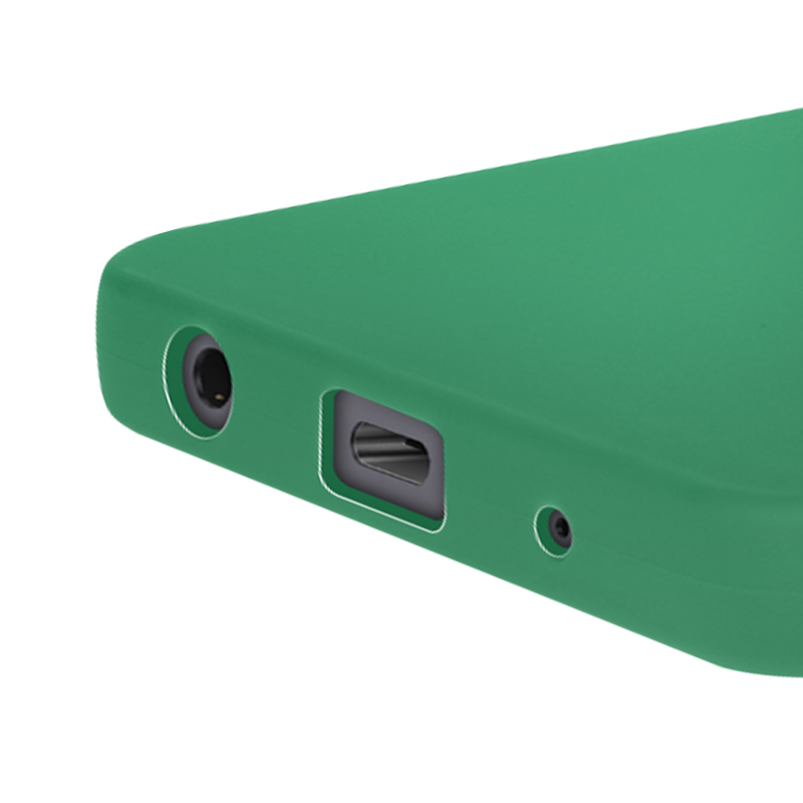 Un angolo di custodia del telefono verde. Ha un jack per cuffie, una porta di ricarica e un piccolo foro.