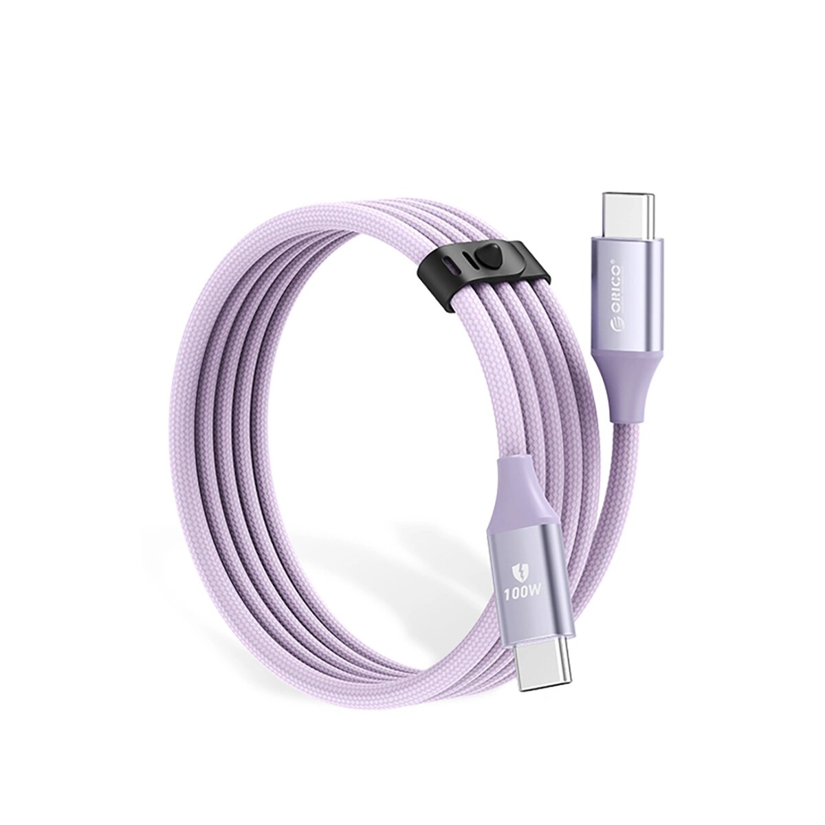 Ein lila USB-C-Kabel. Es hat einen schwarzen Riemen, und die Marke Orico ist am Ende sichtbar.