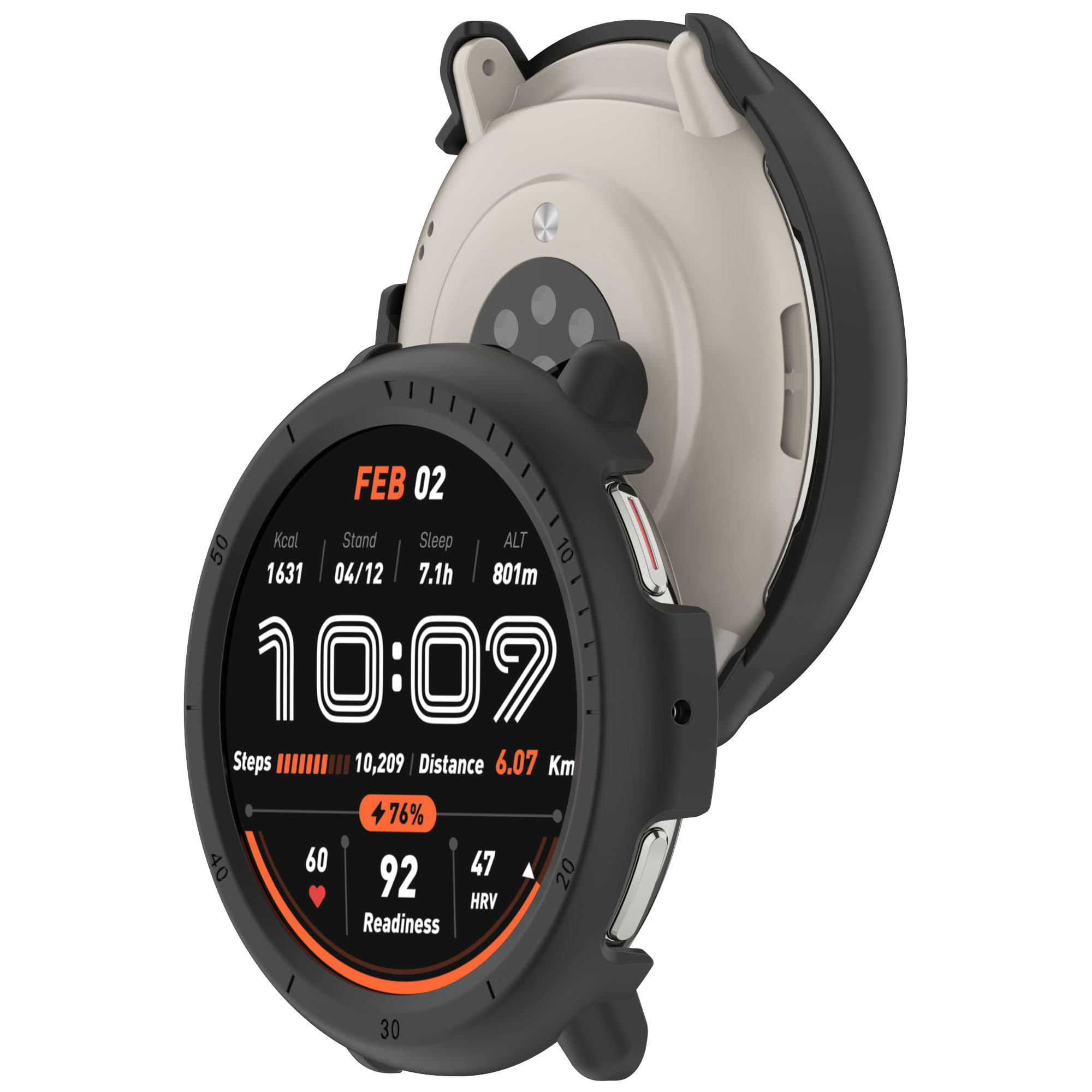 Smartwatch con lunetta nera, mostra ora, passi e batteria. Parzialmente aperto.