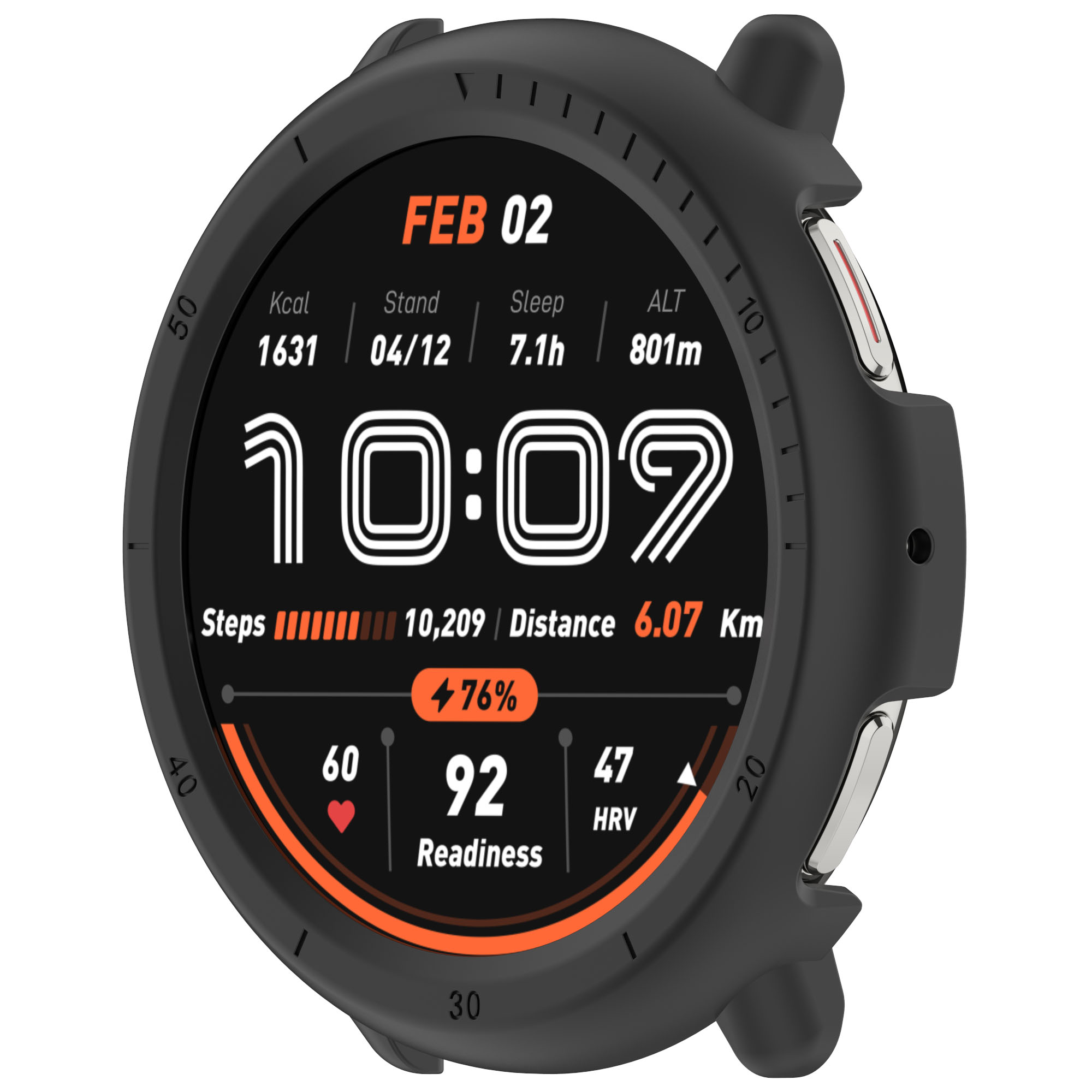 Quadrante smartwatch che mostra dati come ora, passi e batteria. Una ghiera nera.