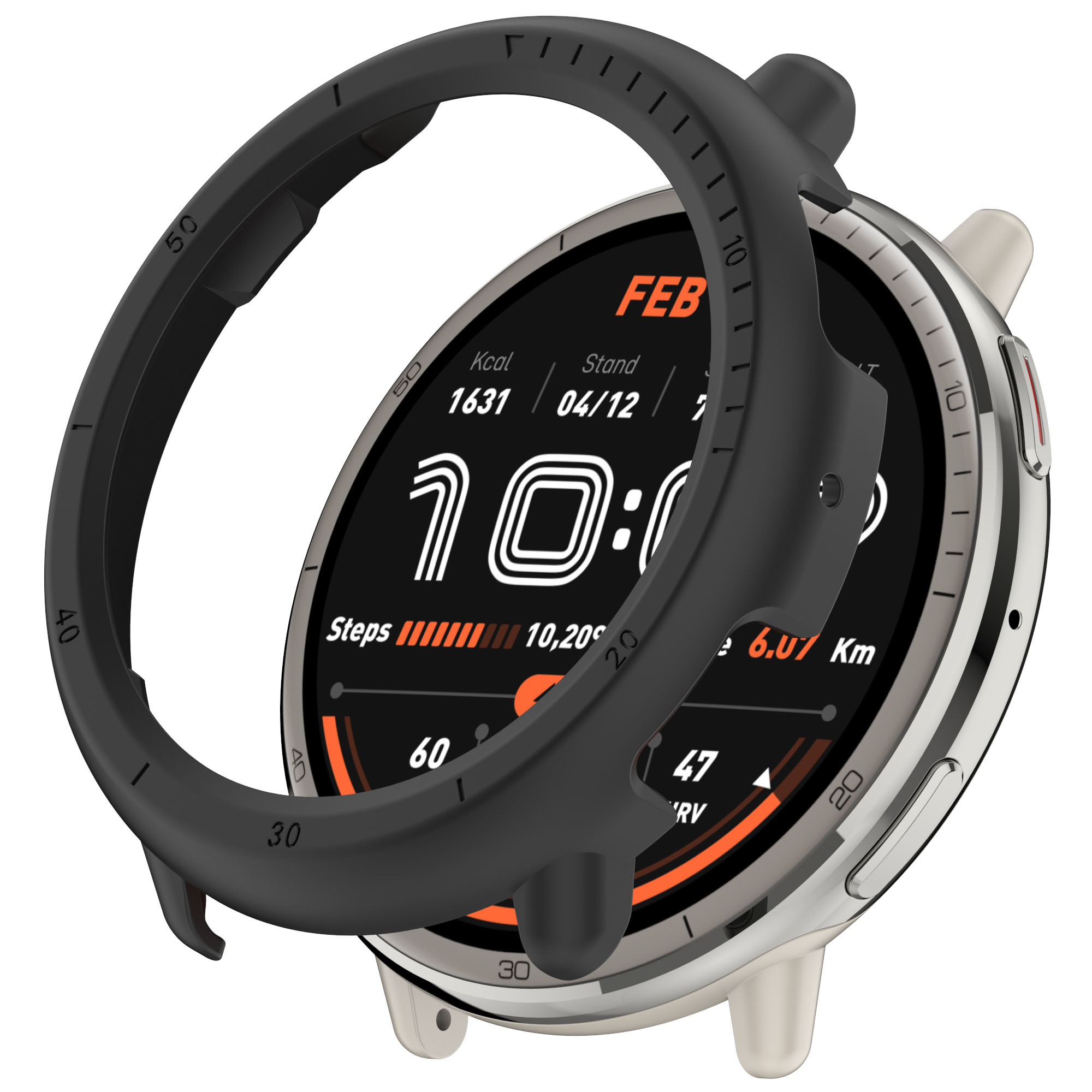 Smartwatch con lunetta nera. L'orologio mostra dati come ora, passi e livello della batteria.