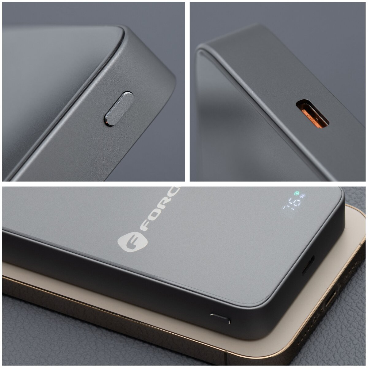 Nahaufnahme einer grauen Powerbank. Knöpfe, Ladeanschluss und Display sind zu sehen.