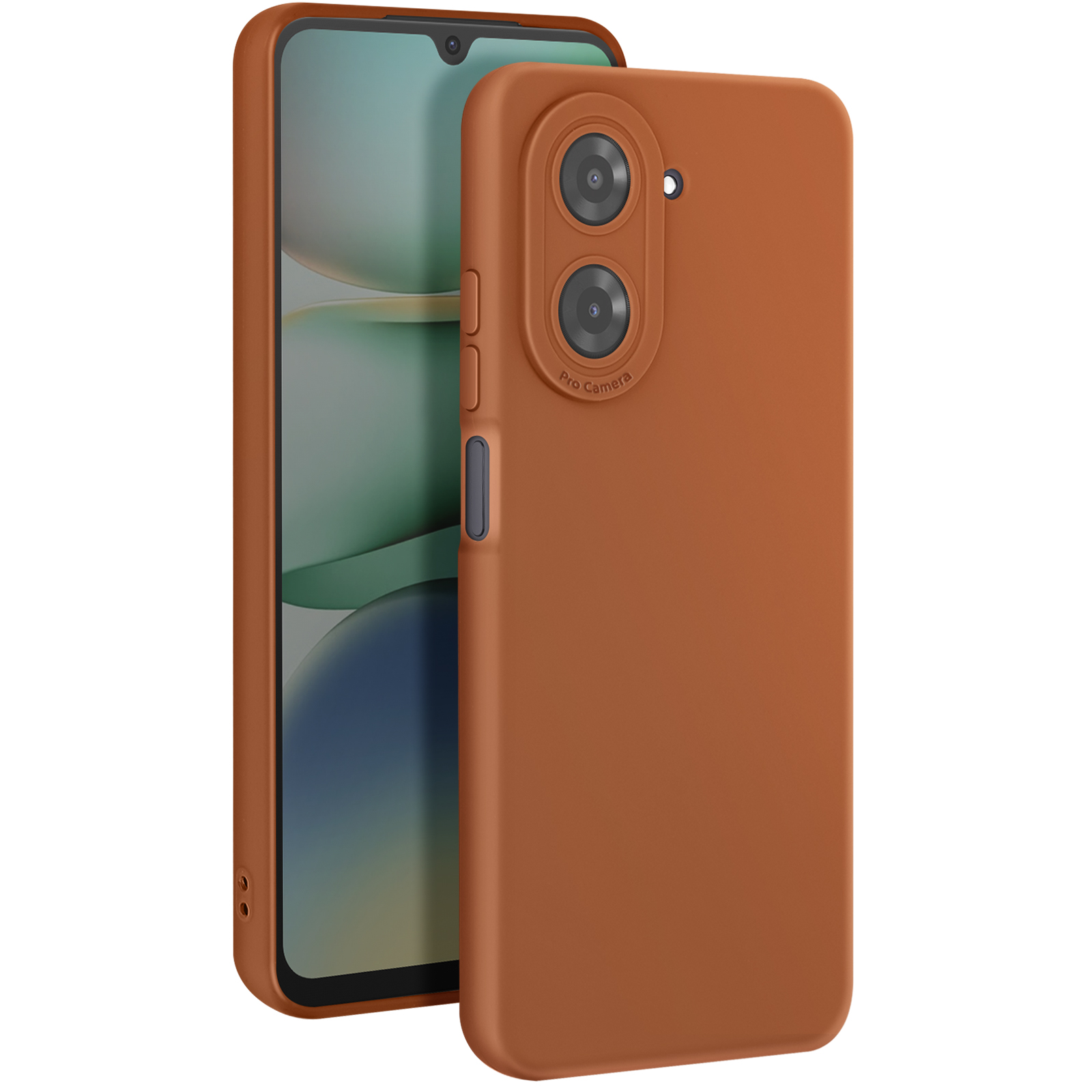 Una custodia arancione per telefono con due lenti della fotocamera. Il telefono è nella custodia. Lo sfondo è verde.