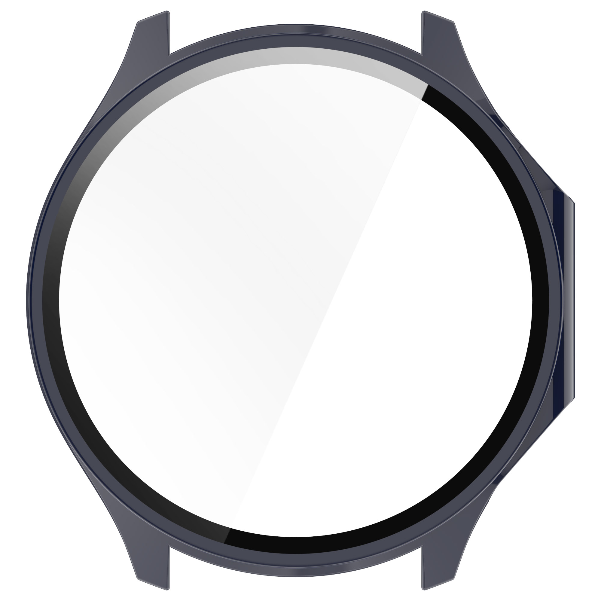 Una cassa di orologio blu navy. La cassa è rotonda e ha una protezione schermo trasparente.