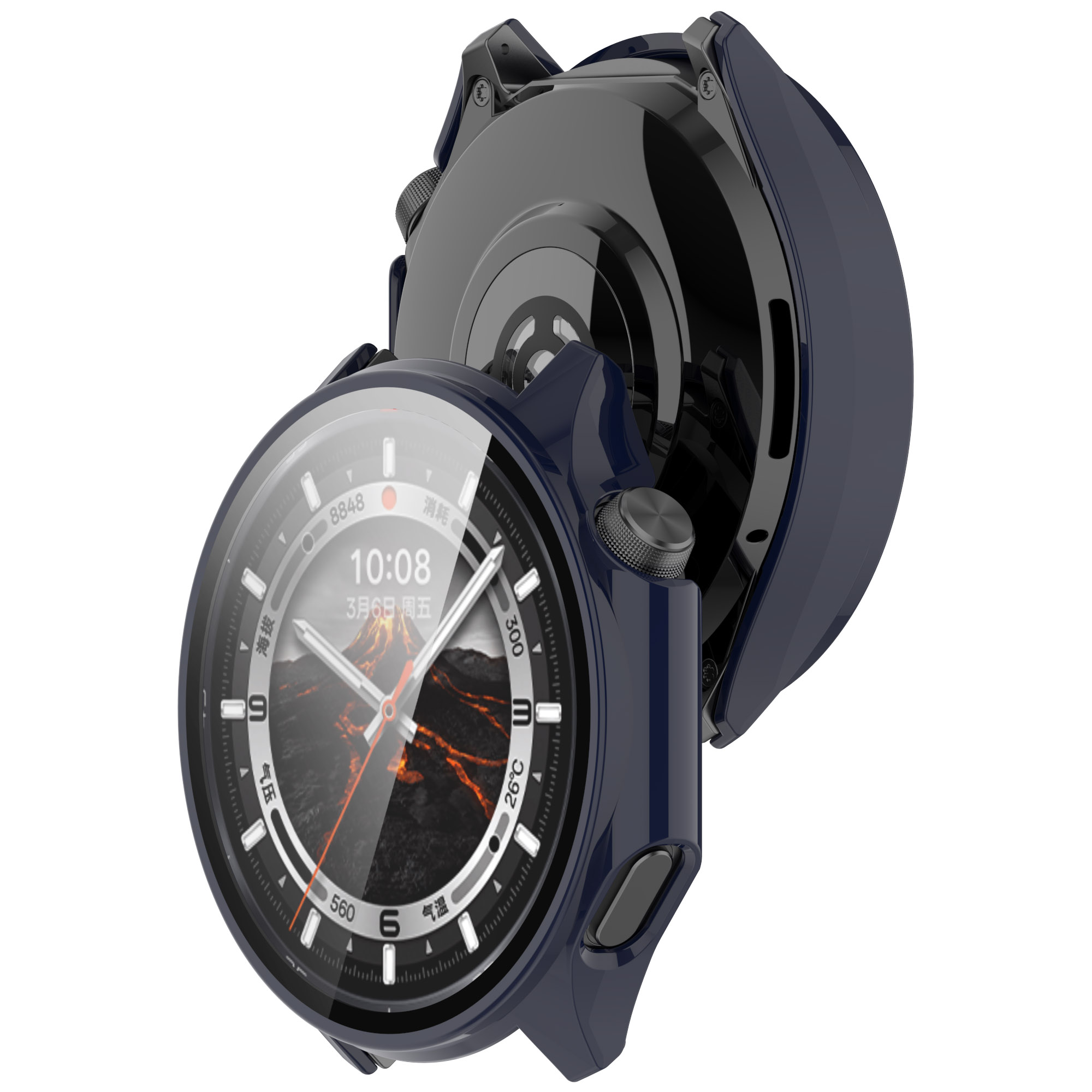 Primo piano di un orologio con cassa blu e protezione schermo. La cassa è staccata.