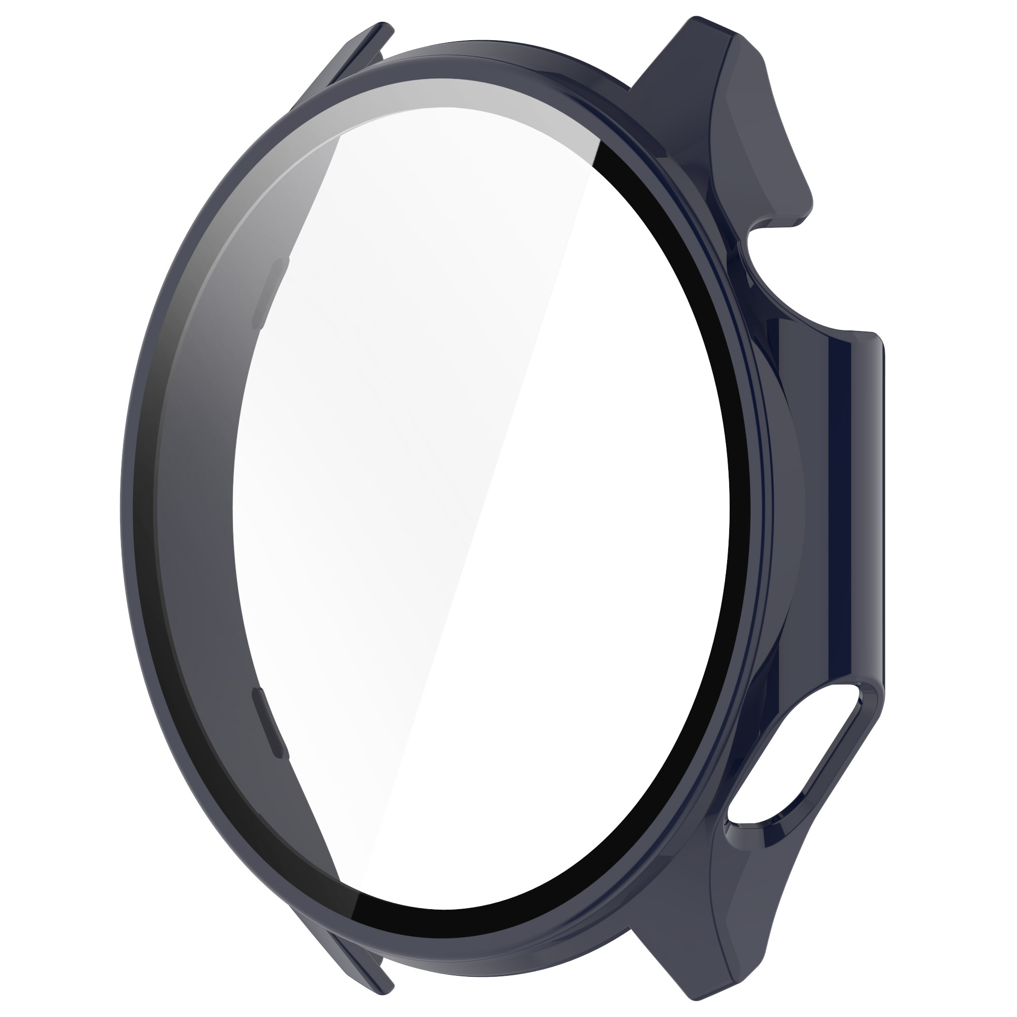 Cassa dell'orologio blu scuro con schermo trasparente. La cassa è circolare.