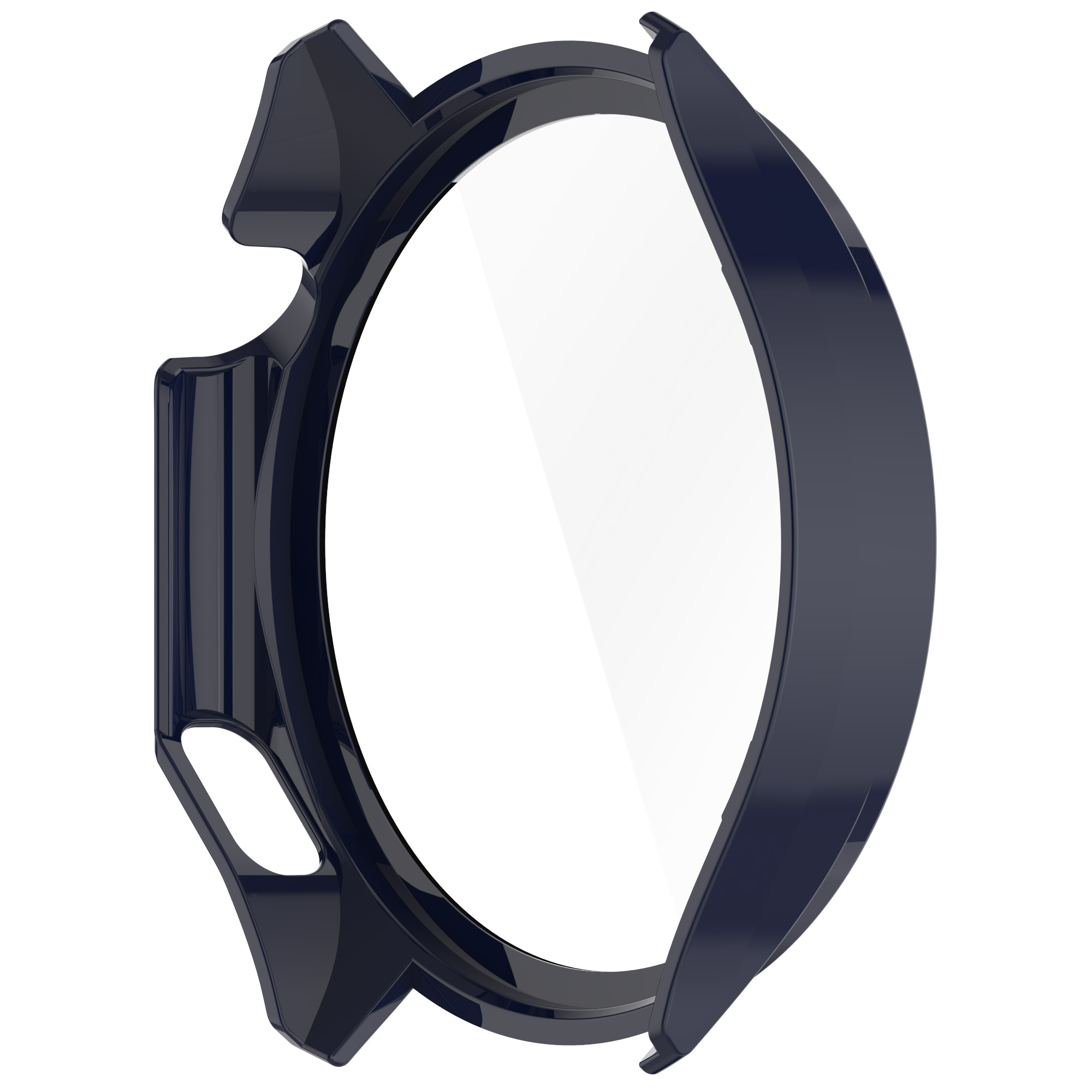 Primo piano di una cassa di orologio blu navy con una protezione schermo trasparente. Lo sfondo è bianco.