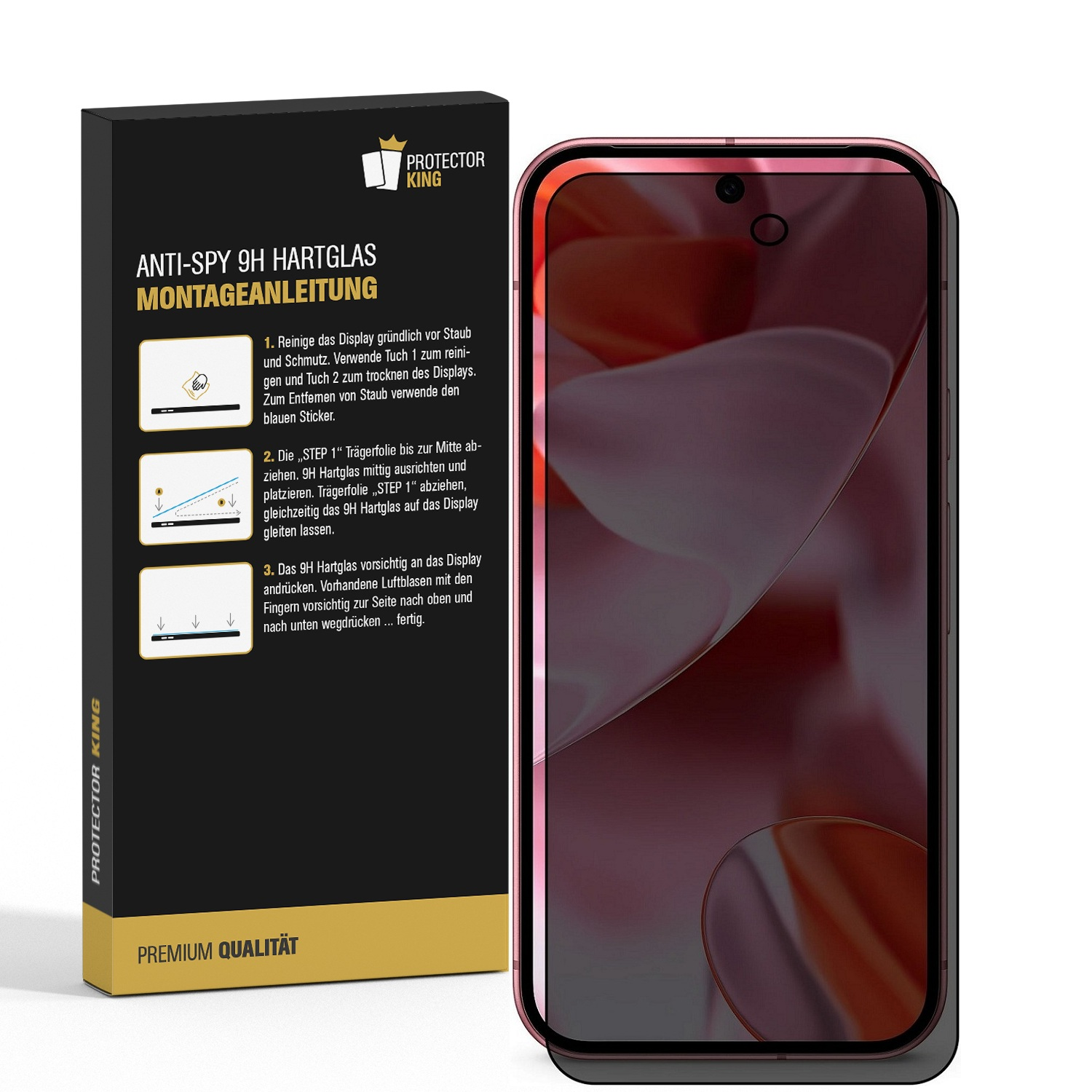 Telefon und Displayschutzbox. Das Telefon ist rosa mit einem Displayschutz.