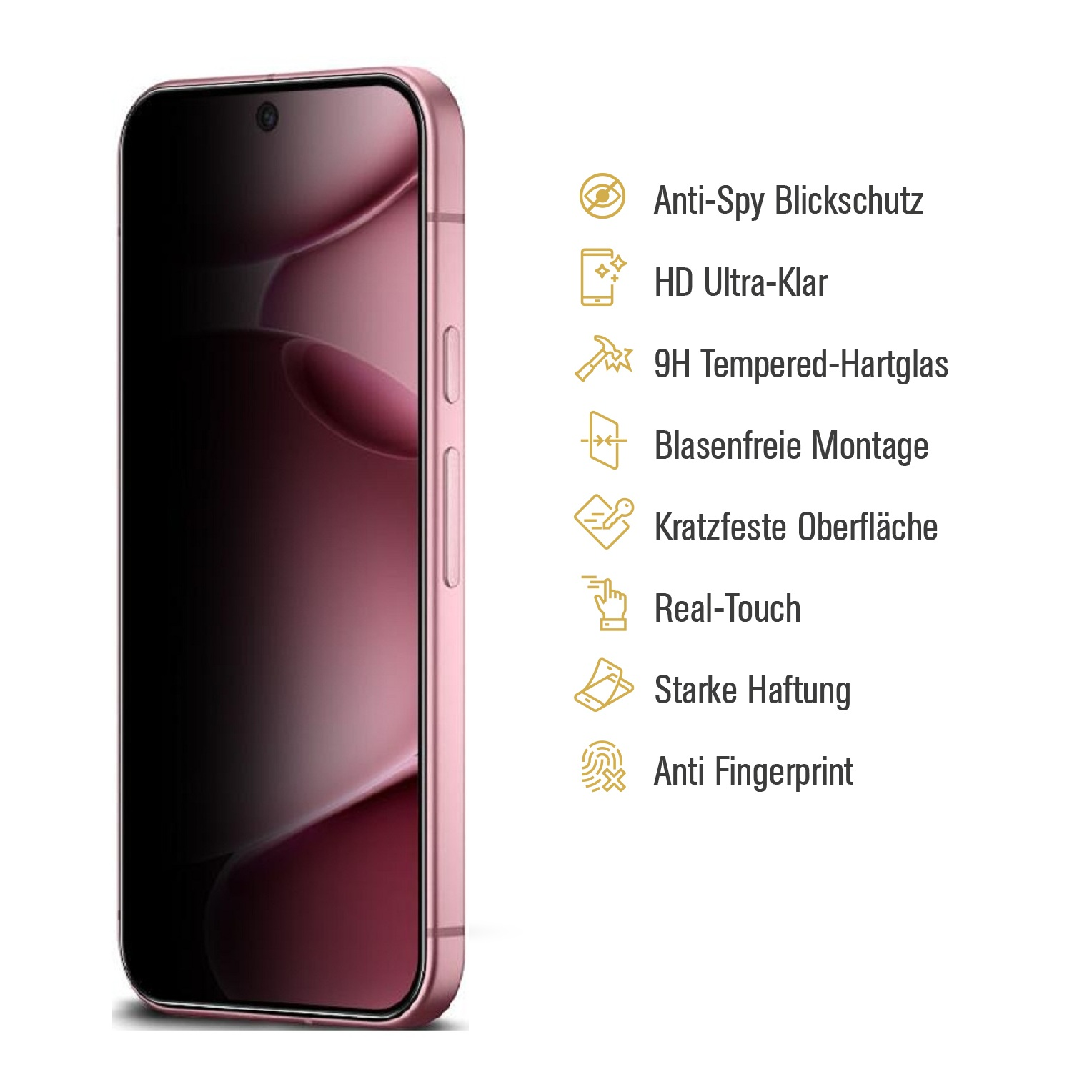 Ein rosa Telefon mit Displayschutz. Der Bildschirm zeigt ein dunkles Bild. Funktionen sind daneben aufgelistet.