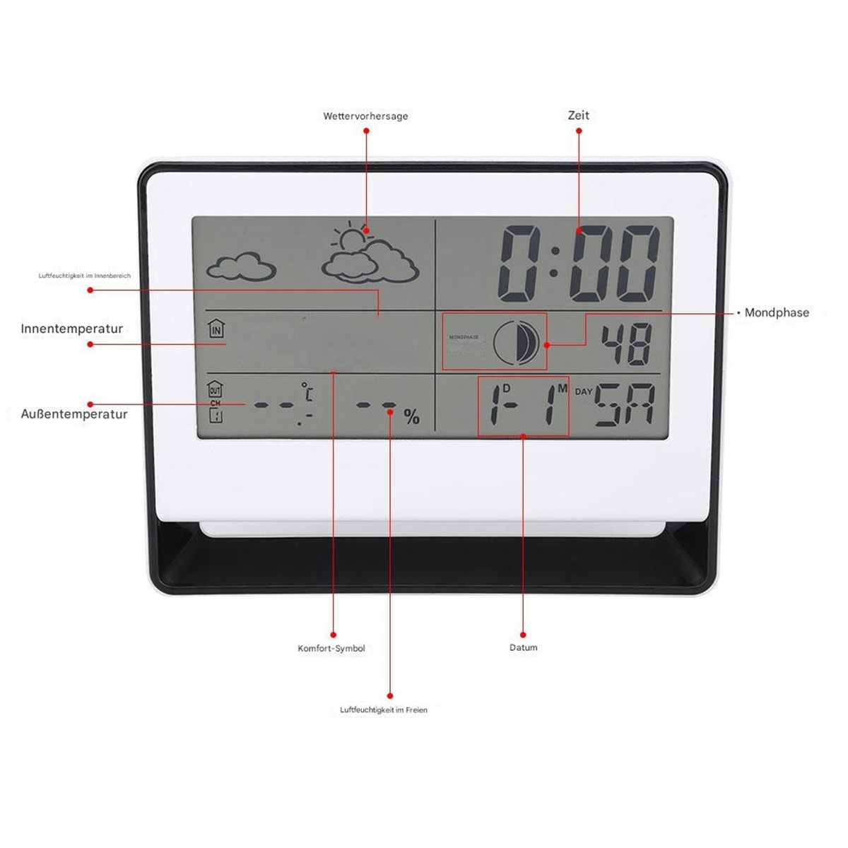 Nahaufnahme einer Wetterstation mit Wetter-, Zeit- und Temperaturanzeigen.