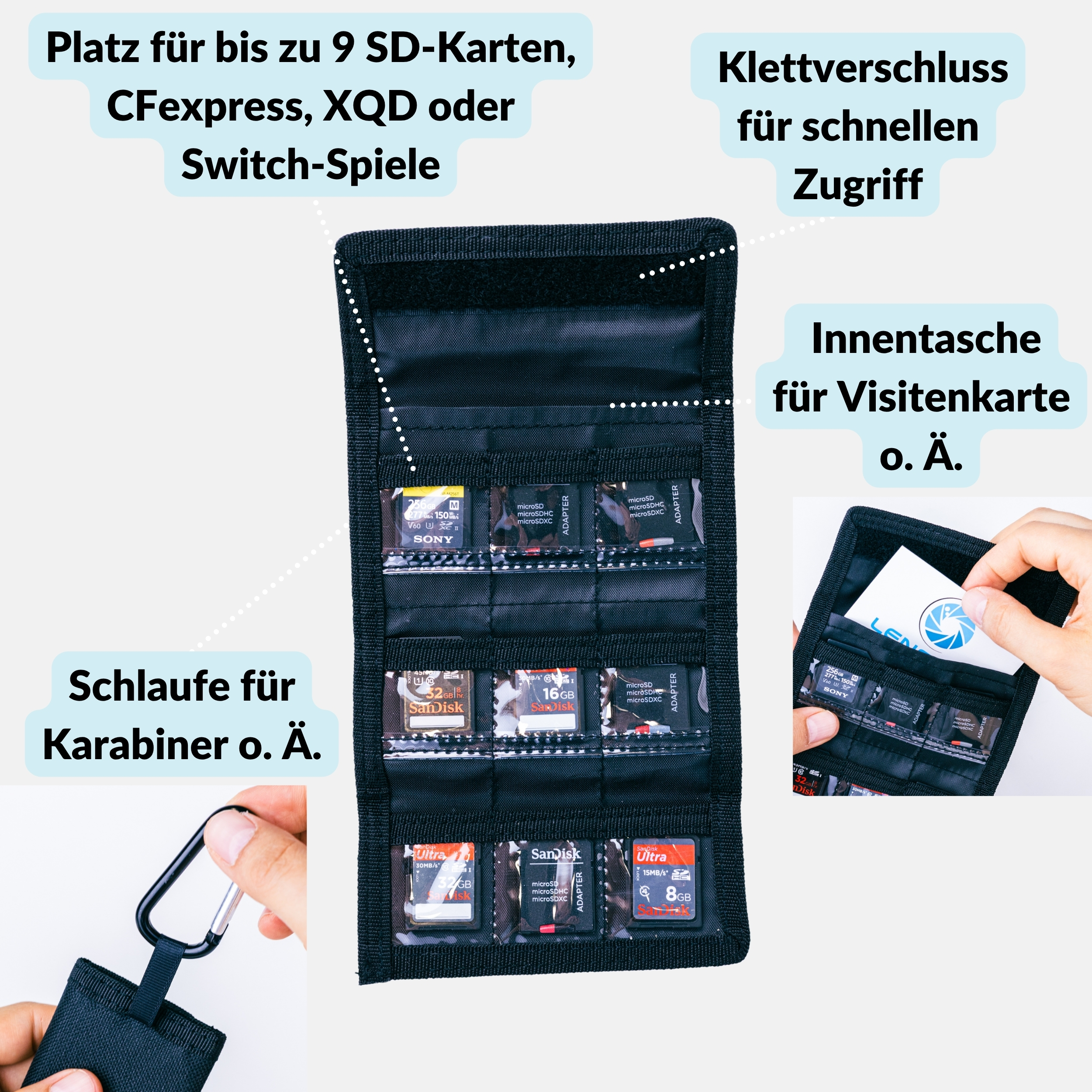 Offener SD-Kartenhalter mit SD-Karten, einem Karabiner und einer Visitenkarte.