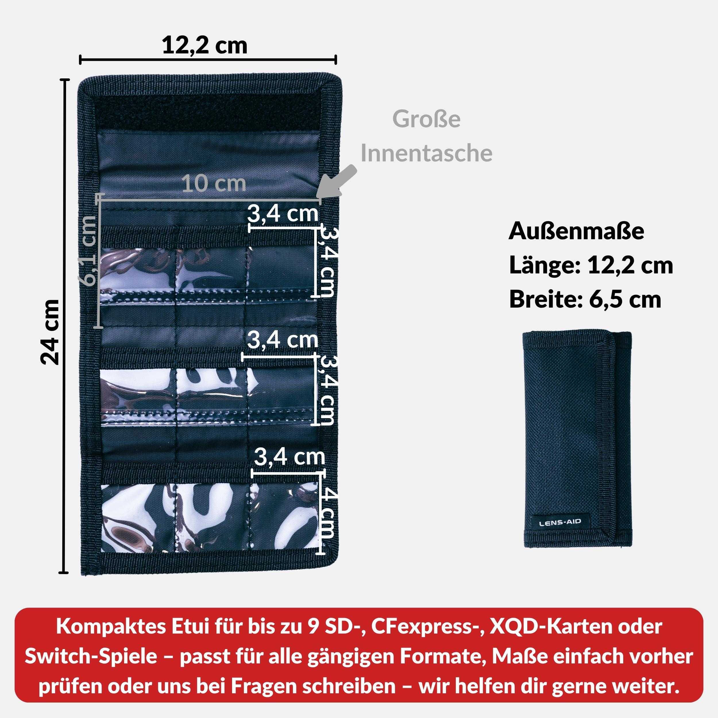 Diagramm eines schwarzen SD-Kartenhalters mit Abmessungen in cm und Text auf Deutsch. Für SD-Karten, CFexpress und Switch-Spiele.