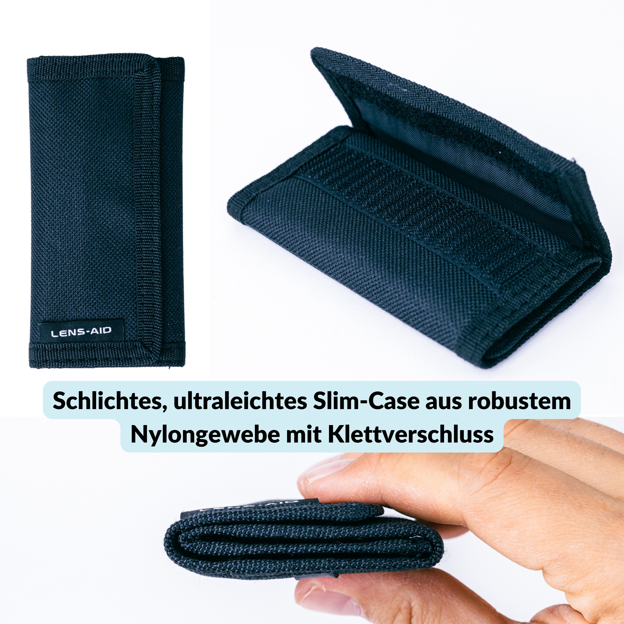 Schwarzer SD-Kartenhalter in verschiedenen Ansichten. Der Halter ist geschlossen, offen und wird von einer Hand gehalten. Mit Lens-Aid-Logo.