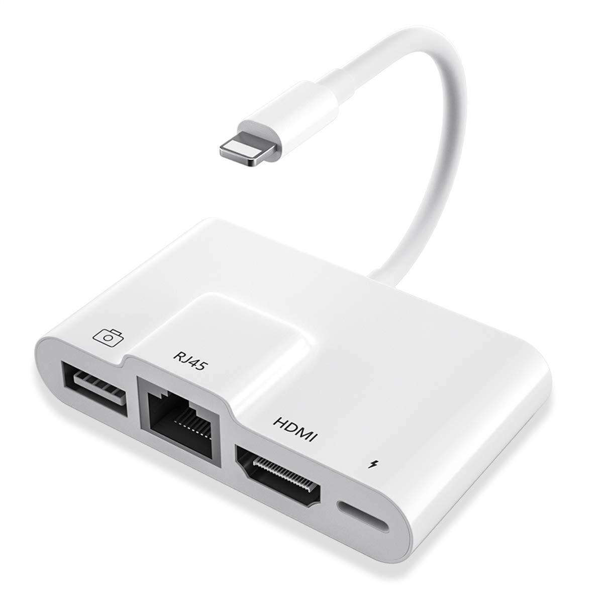 Weißer Adapter mit USB-, RJ45-, HDMI-Anschlüssen und einem Lightning-Anschlusskabel.