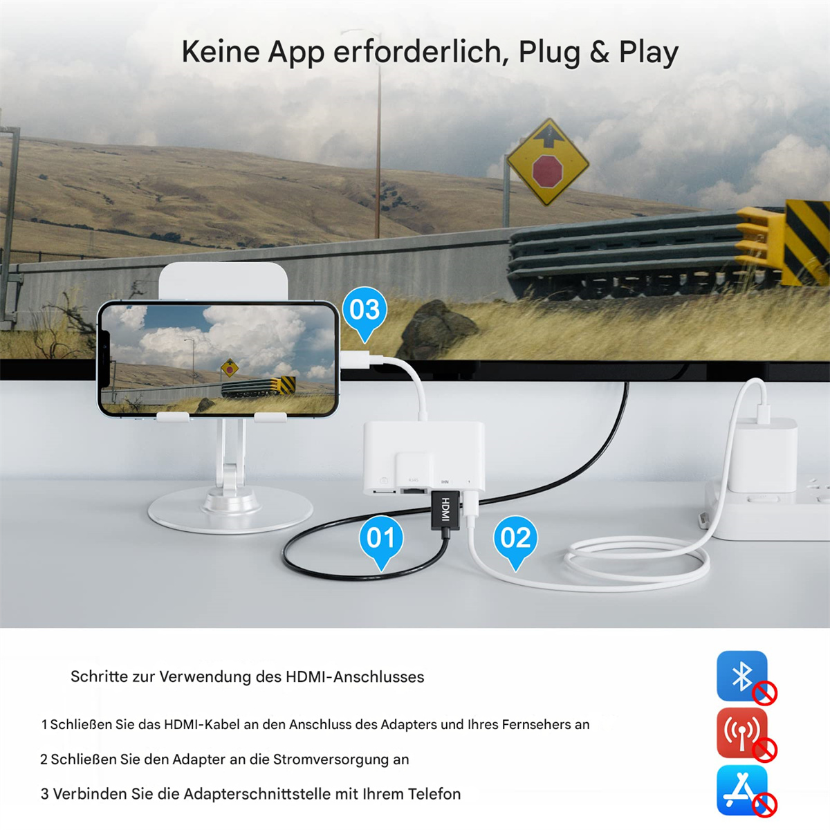 Diagramm, das zeigt, wie ein Telefon ein Spiel über einen Adapter auf einem Bildschirm spiegelt.