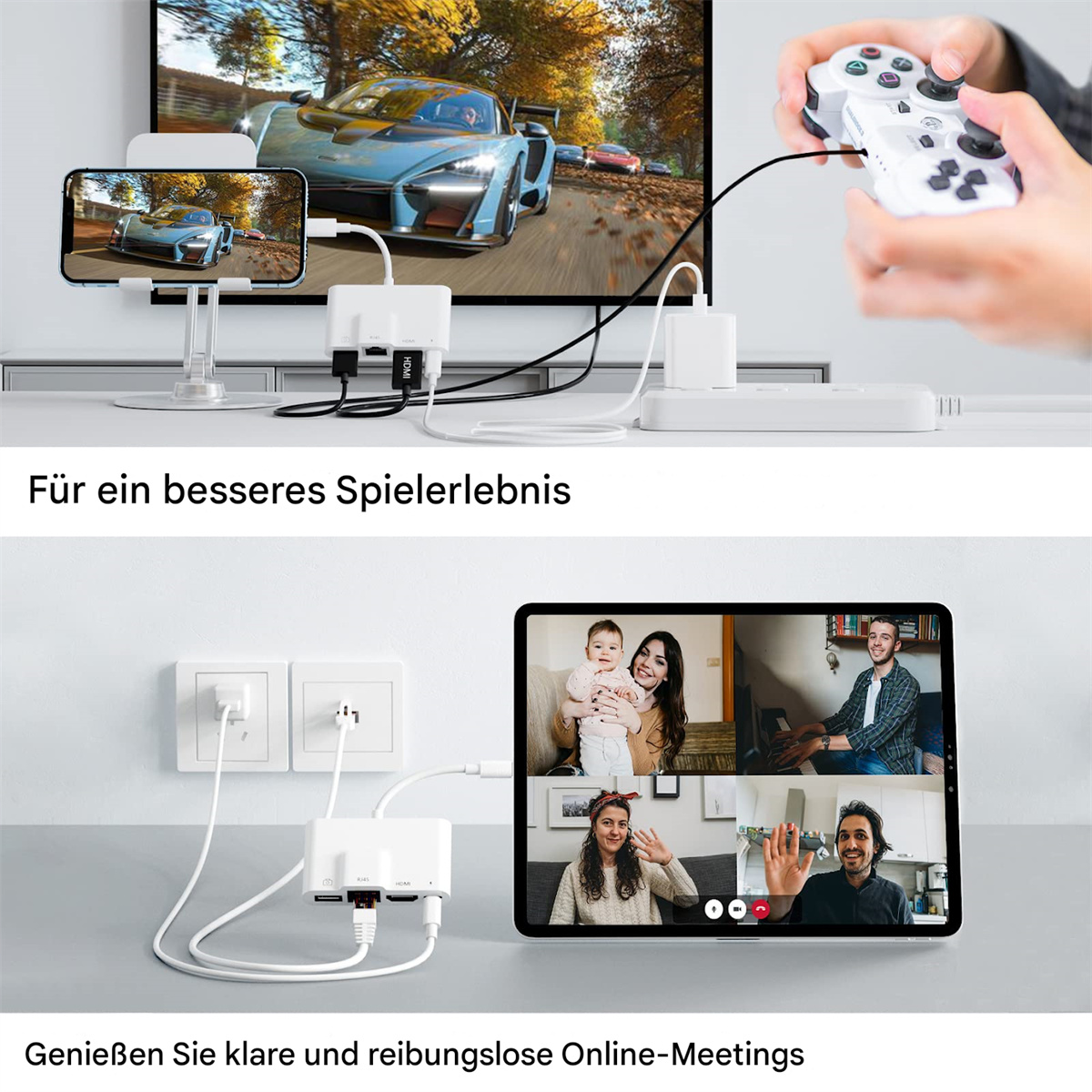 Bild, das die Verwendung eines Geräts zum Spielen und Führen von Videoanrufen demonstriert.