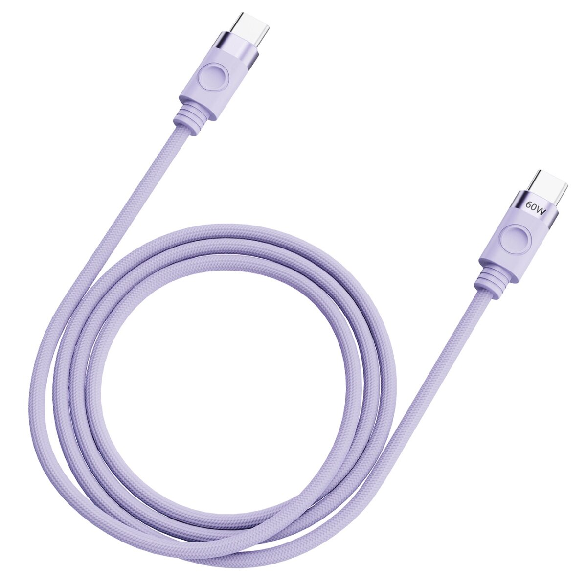 Lila USB-C-Kabel mit Anschlüssen an beiden Enden. Das Kabel ist aufgerollt, und die Anschlüsse haben eine 60W-Kennzeichnung.