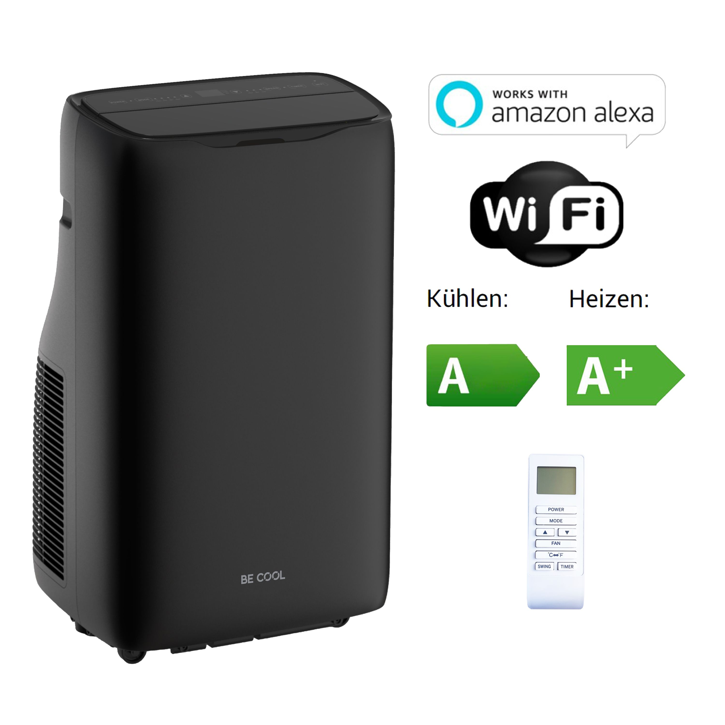 Condizionatore portatile nero con telecomando. Il condizionatore è compatibile con Wi-Fi e Alexa.