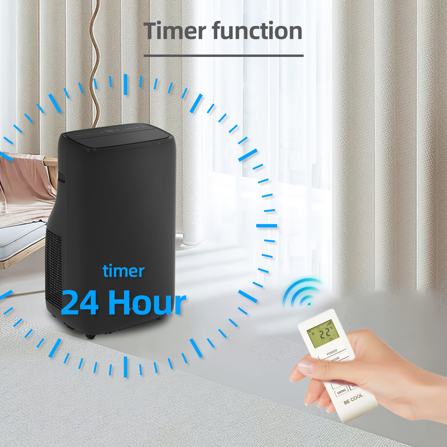 Un condizionatore nero con funzione timer, mostrato con una mano che tiene in mano un telecomando.