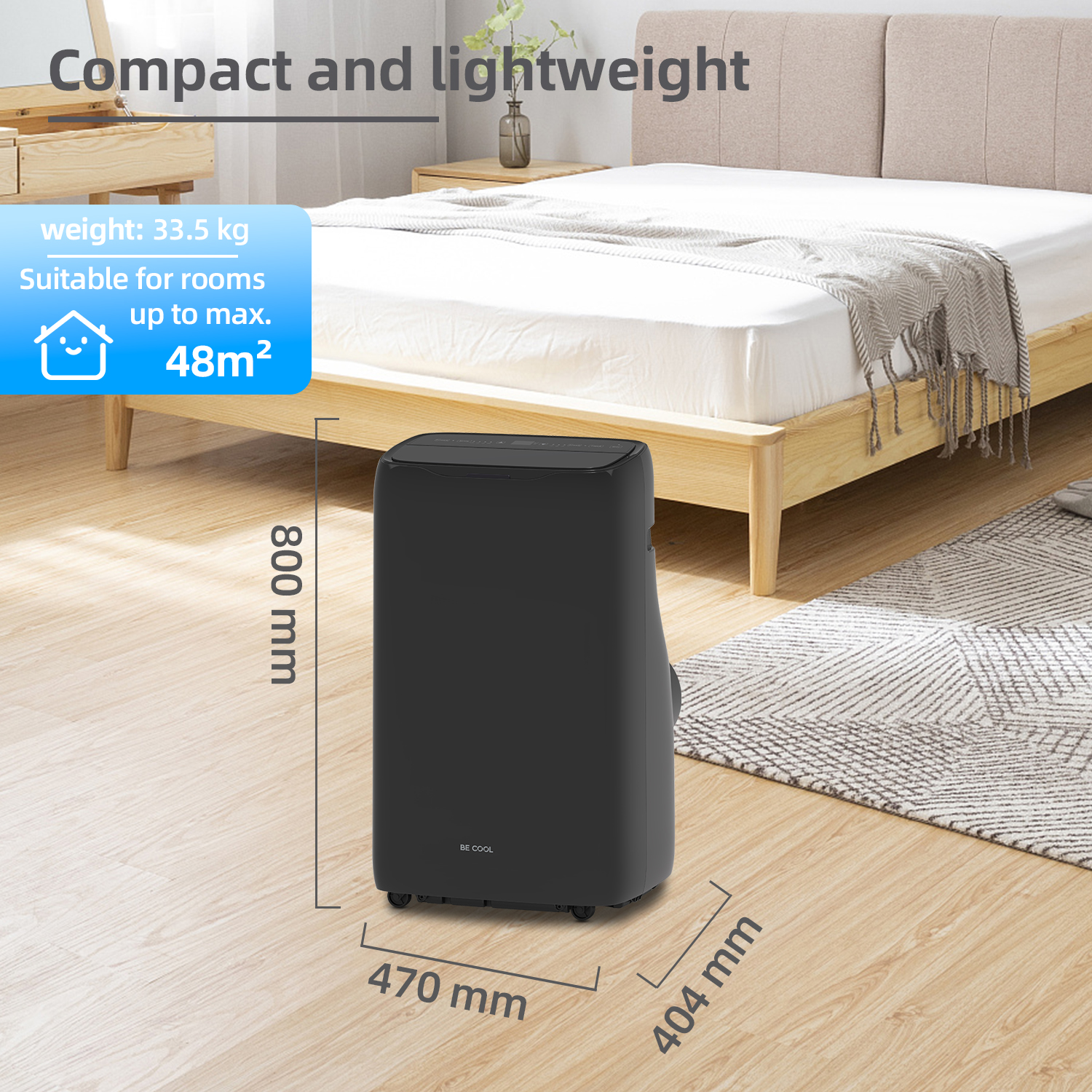 Un condizionatore nero compatto in una camera da letto, con le dimensioni e i dettagli delle dimensioni della stanza visualizzati.