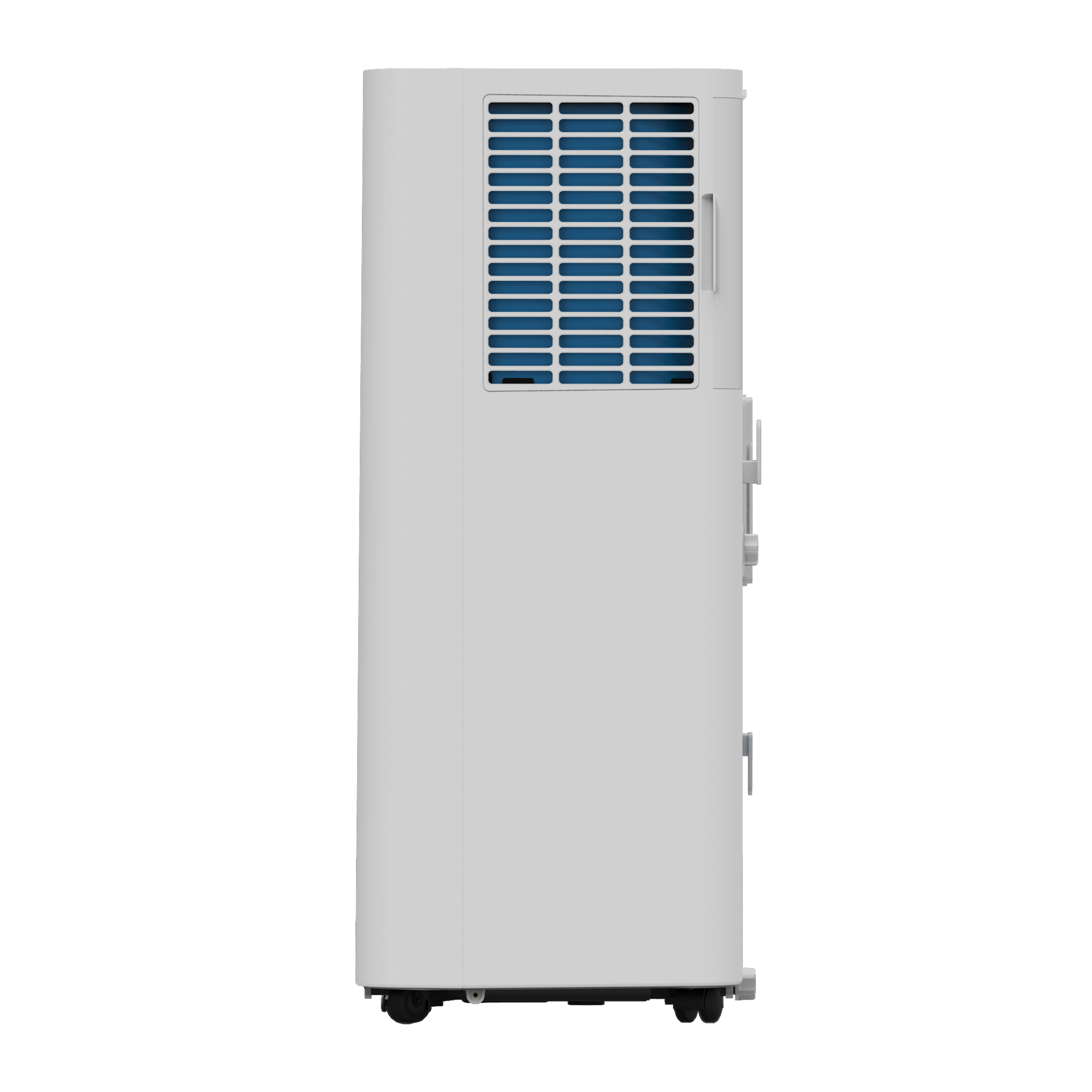 Eine Seitenansicht einer weißen, tragbaren Klimaanlage mit blauen Lüftungsschlitzen, die ihr schlankes Design zeigt.