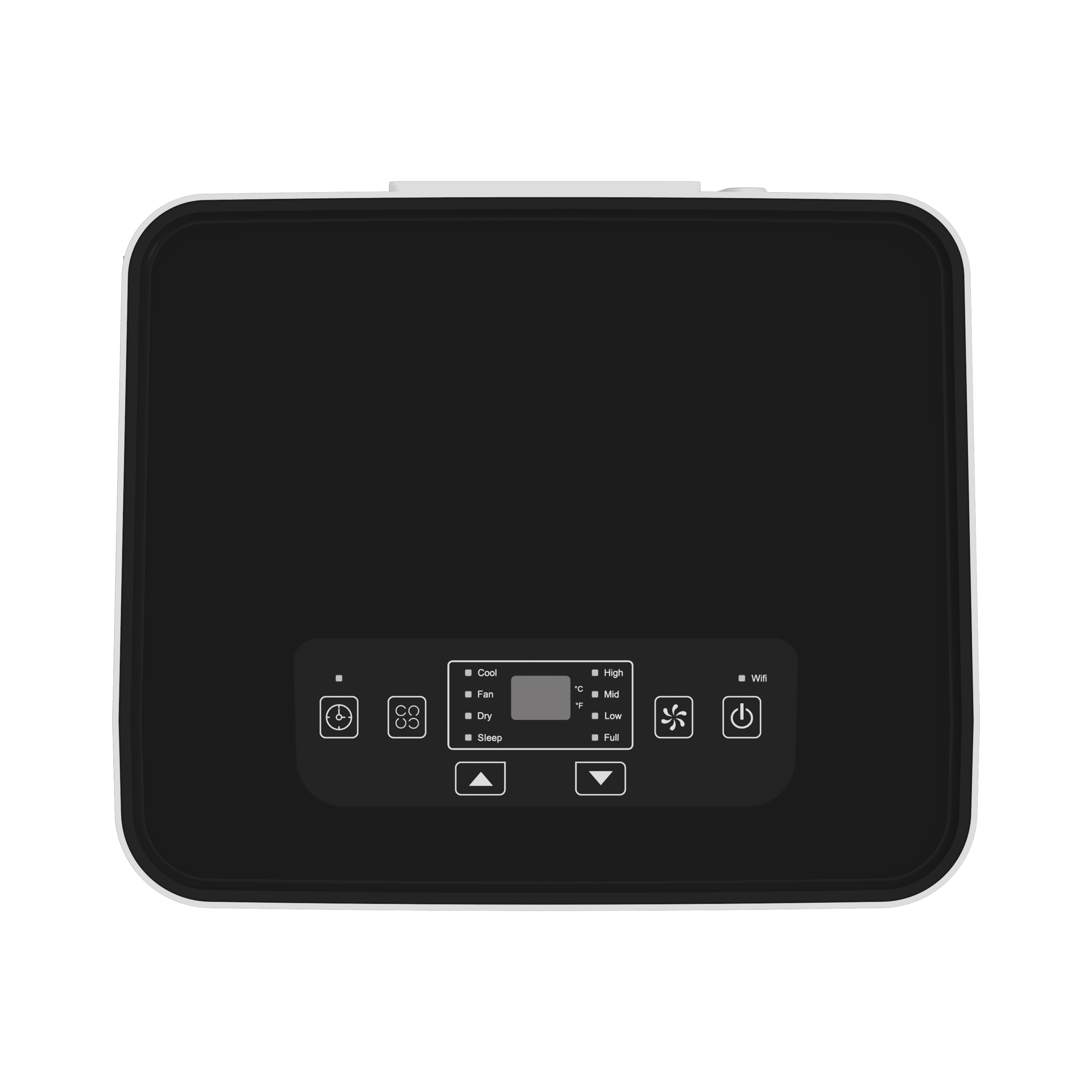 Ein schwarz-weißer Luftreiniger mit Touchscreen-Oberfläche. Er hat Power- und Funktionstasten.