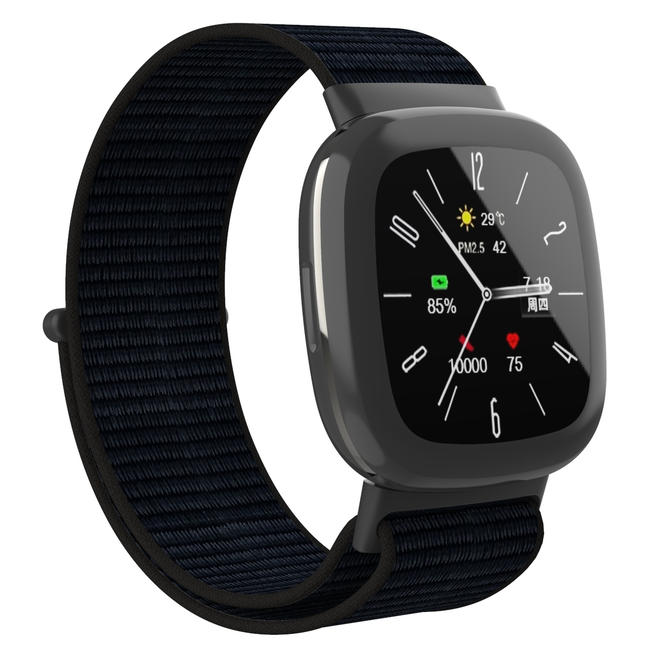 Schwarze Smartwatch mit schwarzem Armband. Das Zifferblatt zeigt Uhrzeit, Wetter und Gesundheitsdaten.