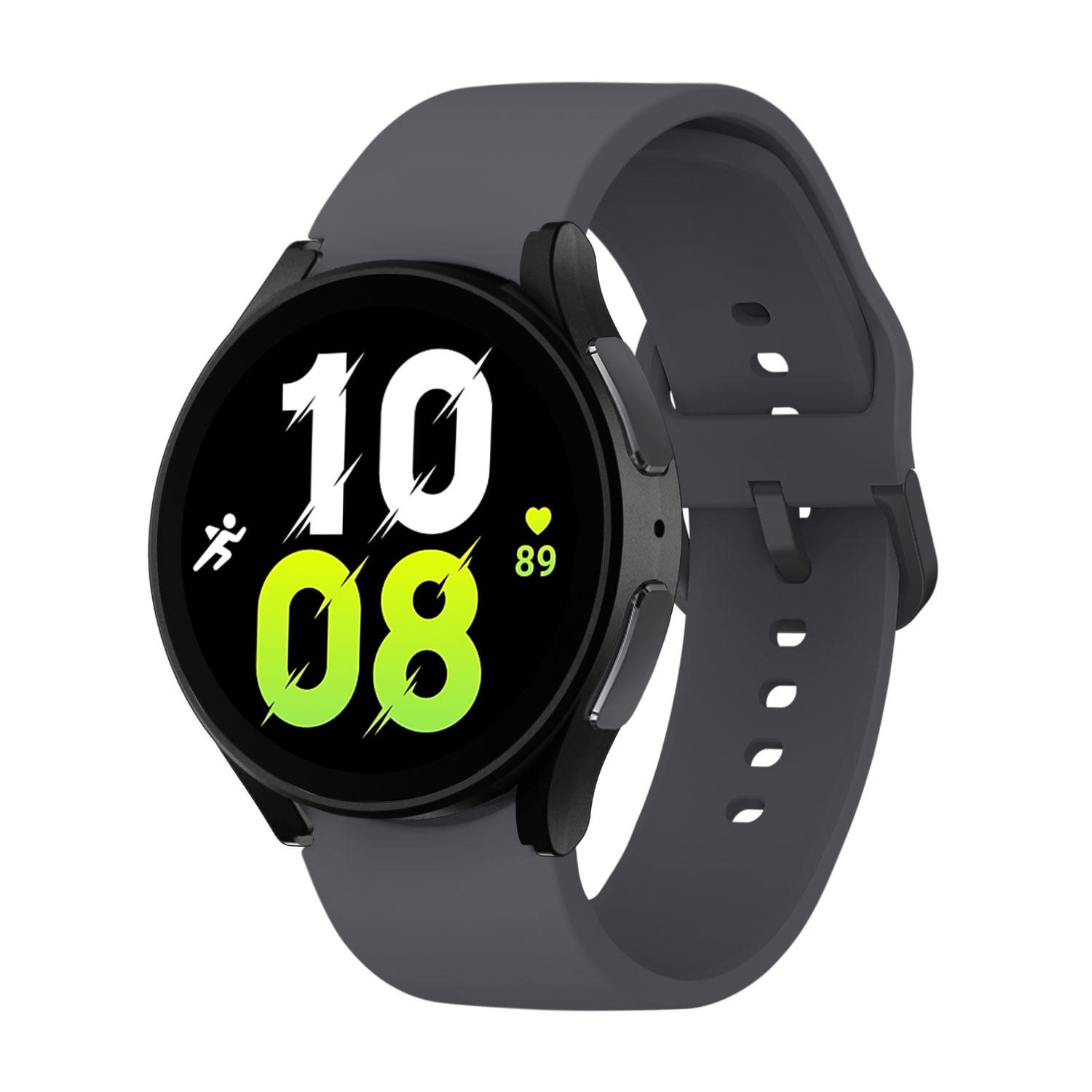 Eine graue Smartwatch mit grauem Armband. Die Uhr zeigt Zeit und Statistiken an. Weißer Hintergrund.