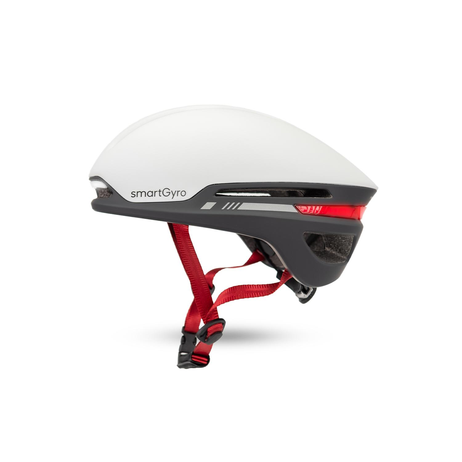 Casco de bicicleta blanco y negro con detalles rojos. Vista lateral, aislado sobre fondo blanco.