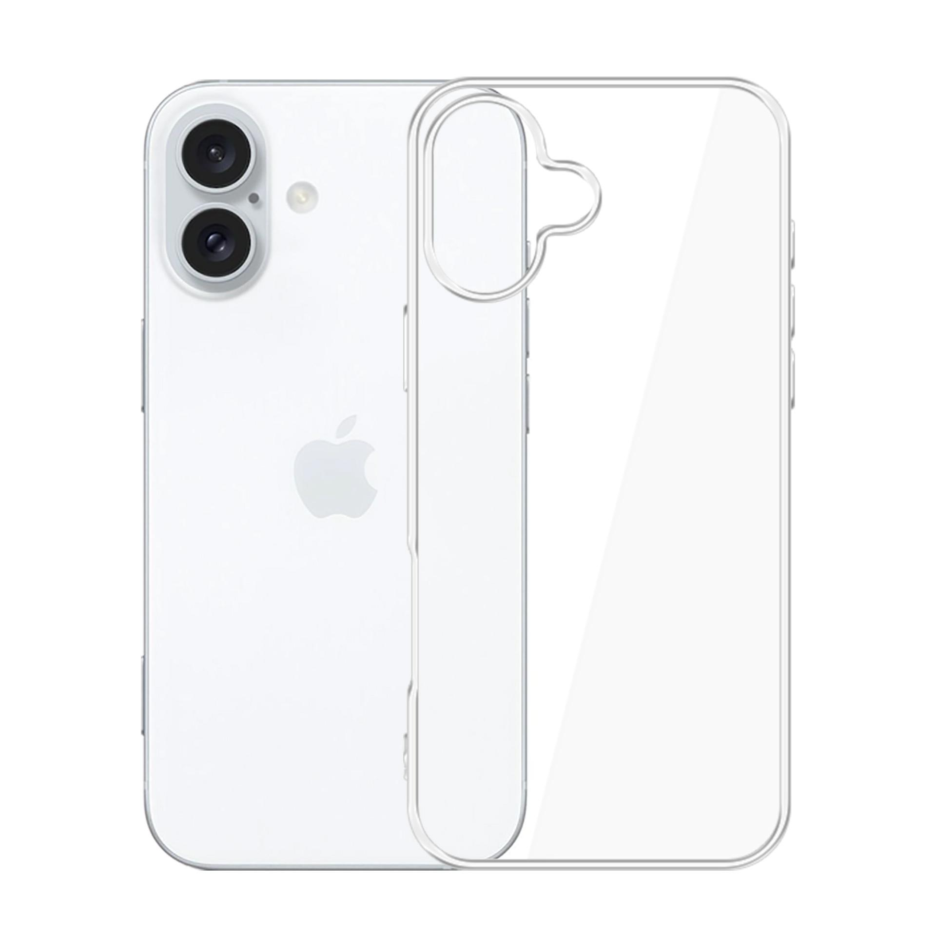Un telefono bianco con una custodia trasparente. Il telefono ha due fotocamere e un logo Apple trasparente sul retro.