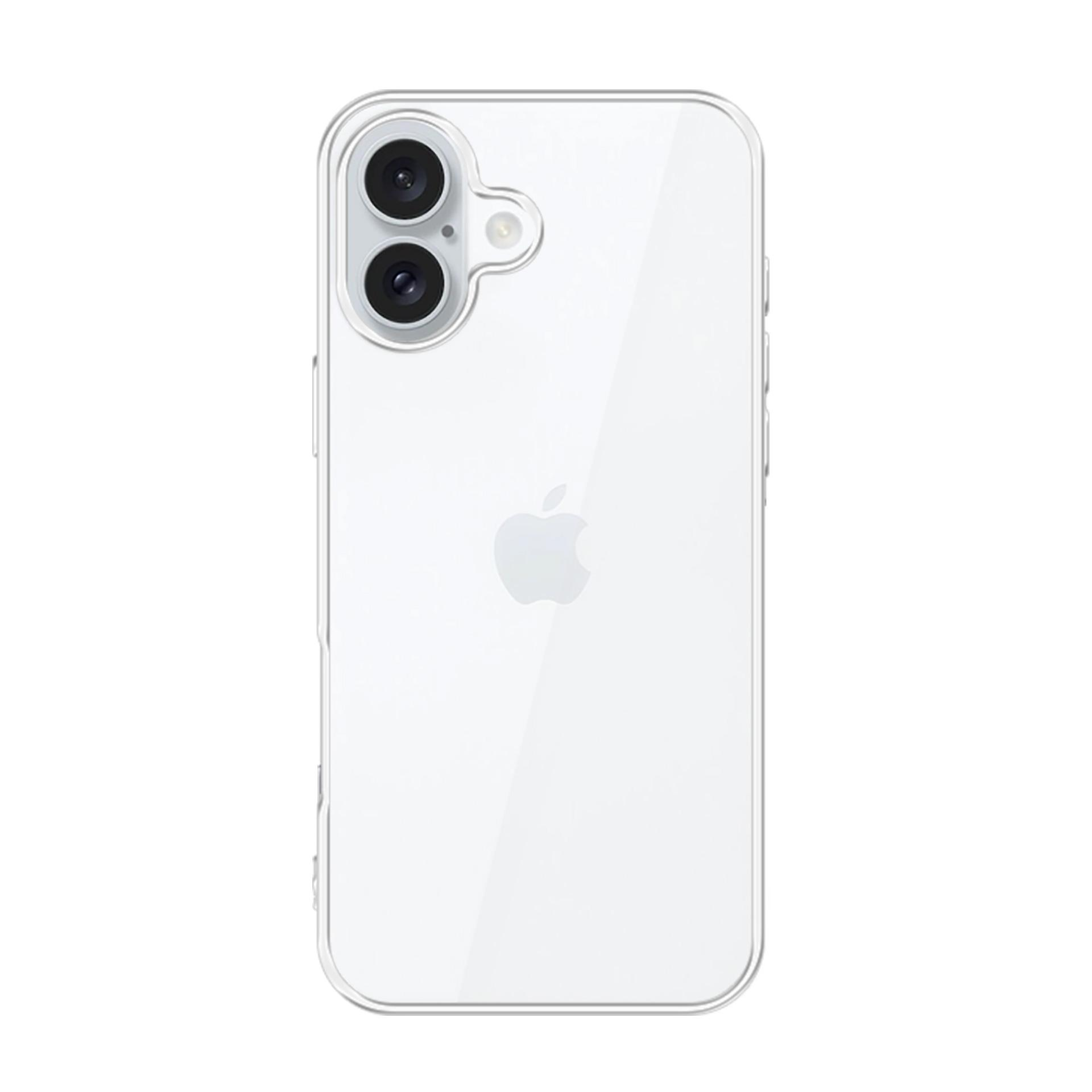Un telefono bianco con una custodia trasparente. Il telefono ha due fotocamere. La custodia è trasparente, mostra il logo Apple.